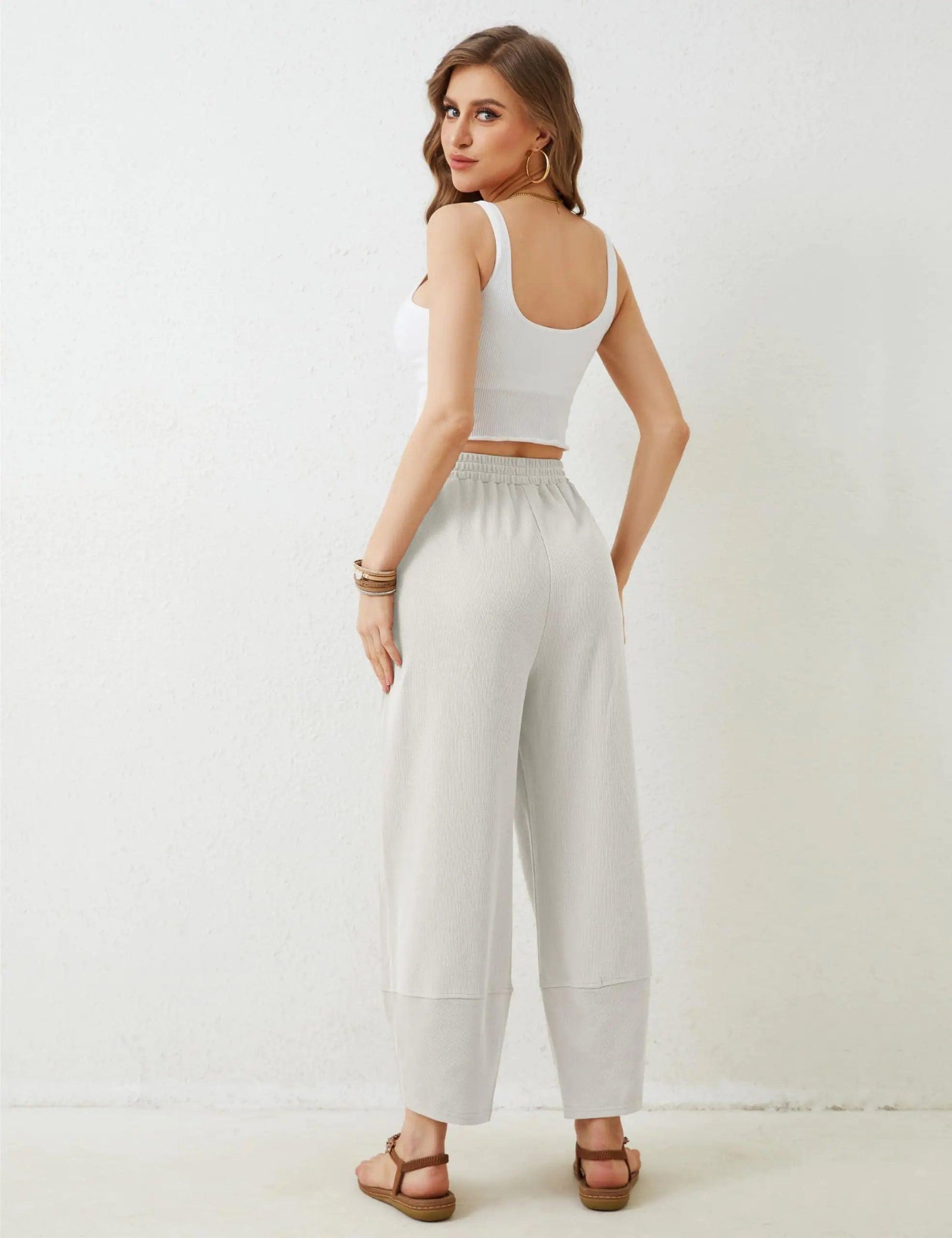 Xiaoxuemeng Womens Baggy Wide Leg Pants Casual Elastic Waisted Palazzo Harem Pants with Pockets Large White - Evallys.com # #