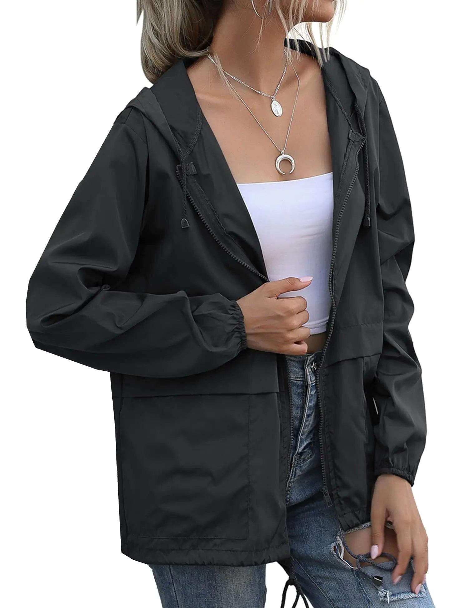 Women's Raincoats Lightweight Waterproof Windproof Adjustable Windbreaker Rain Jackets Hooded with Pockets S-XXL XX-Large Zipper Black - Evallys.com # #