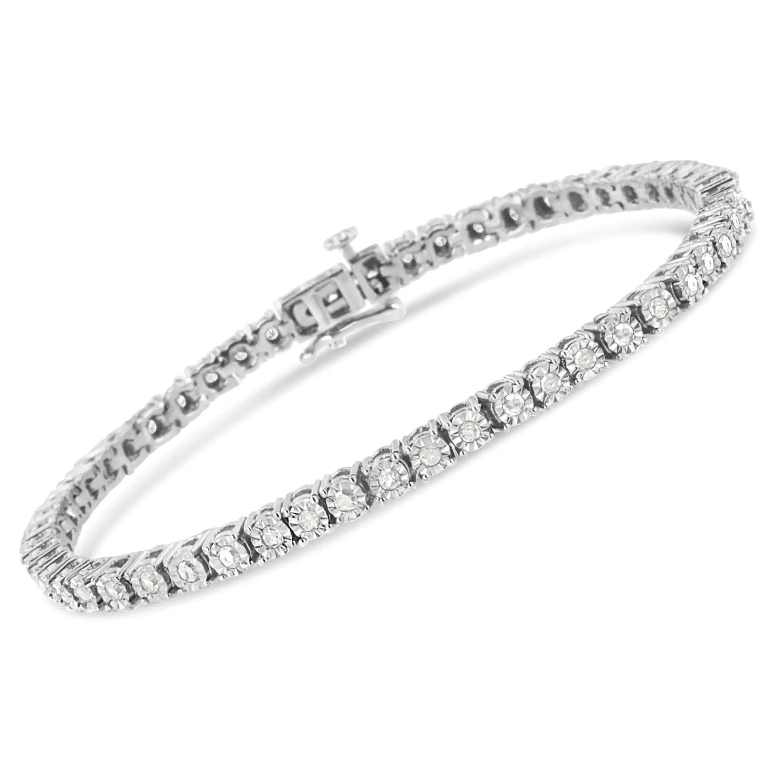 .925 Sterling Silver 1.0 Cttw Miracle-Set Diamond Round Faceted Bezel Tennis Bracelet (I-J Color, I3 Clarity) - Evallys.com # #