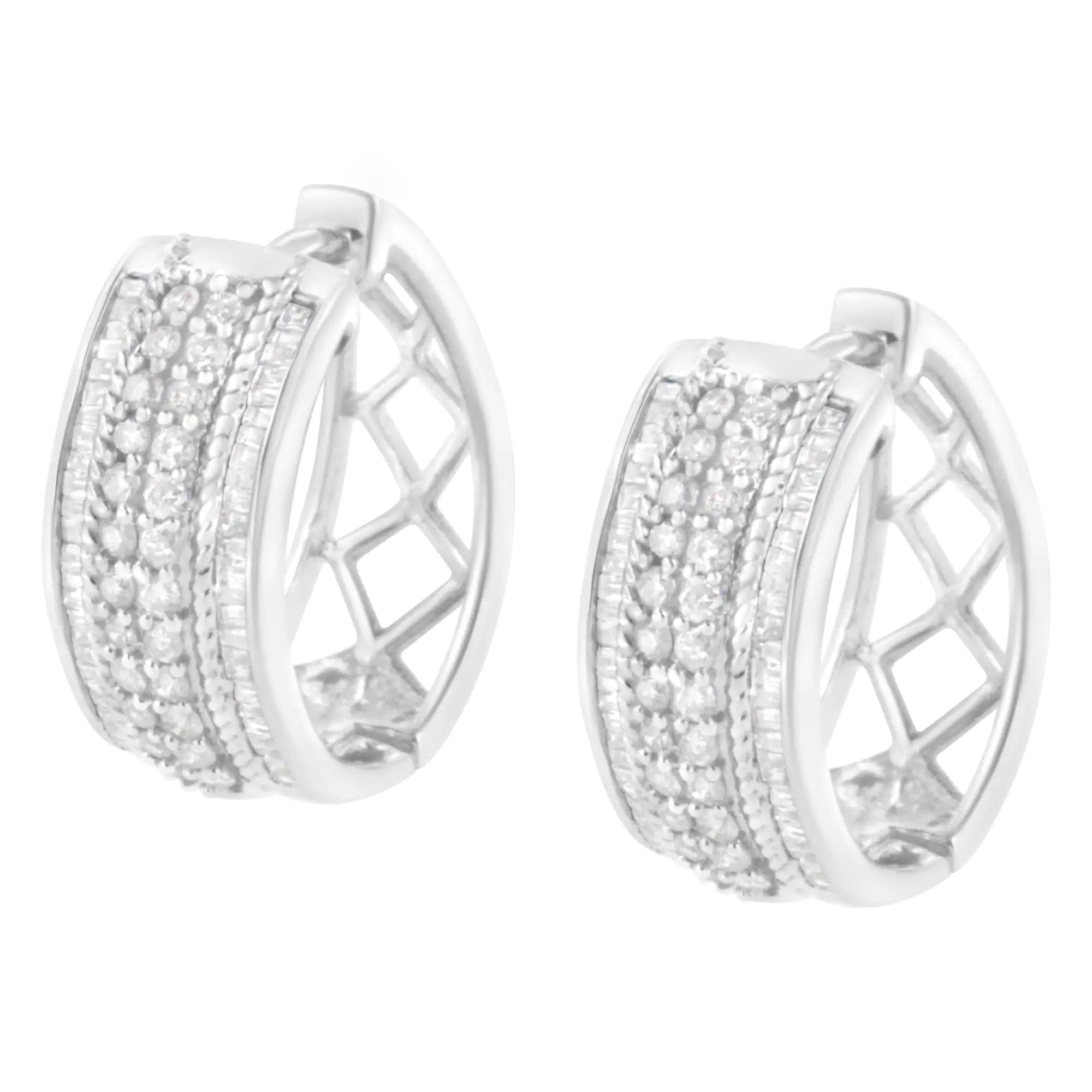 .925 Sterling Silver 1.0 Cttw Round and Baguette-Cut Diamond Hoop Earring (H-I Color, I2-I3 Clarity) - Evallys.com # #