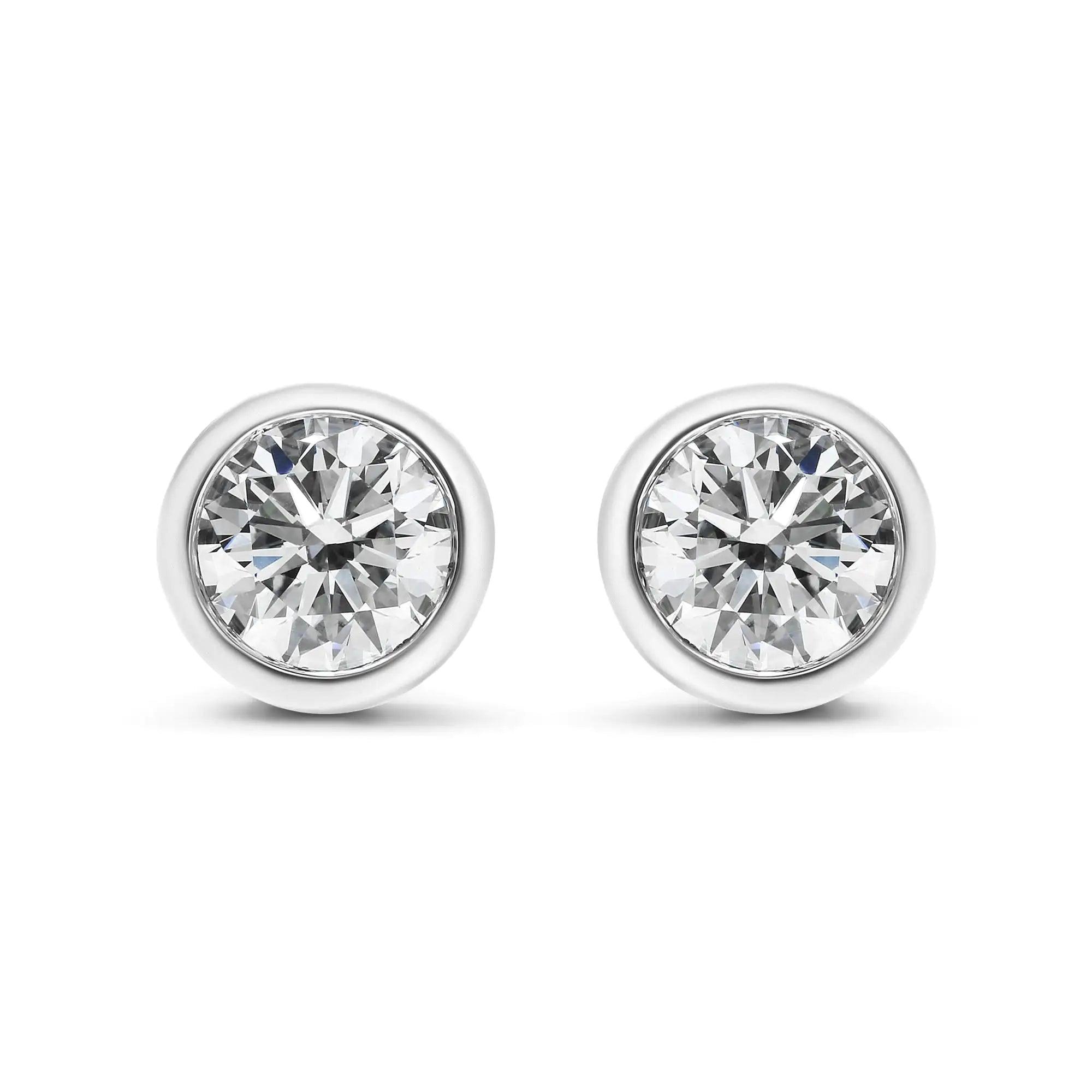 14K White Gold Lab Grown Diamond Screw-Back Classic Bezel Solitaire Stud Earrings (G-H Color, VS2-SI1 Clarity) - Evallys.com # #