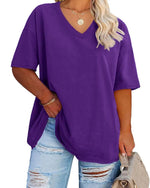 Women's Plus Size V Neck T Shirts Summer Half Sleeve Tees Casual Loose Fit Cotton Tunic Tops XX-Large Plus Khaki - Evallys.com