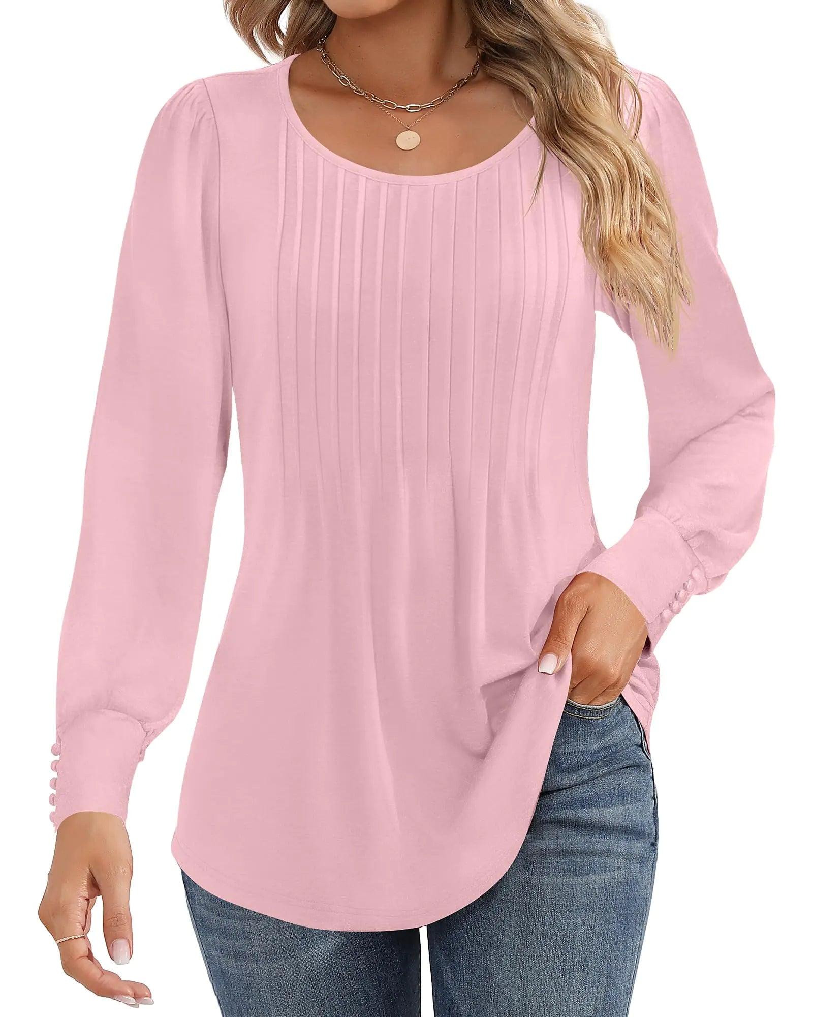 Ficerd Women's Puff Long Sleeve Tunic Tops Pleated Crew Neck Blouses Dressy Casual Loose Fit Fall and Winter Shirts Pink Floral Large - Evallys.com
