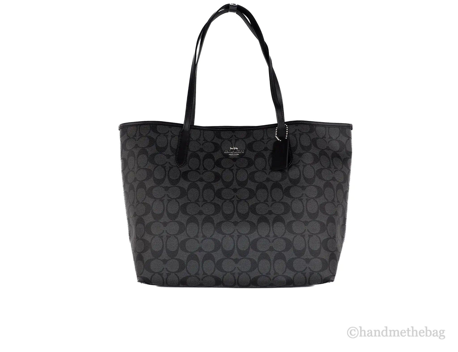 Coach (5696) Graphite Black Signature Coated Canvas City Tote Shoulder Handbag - Evallys.com # #