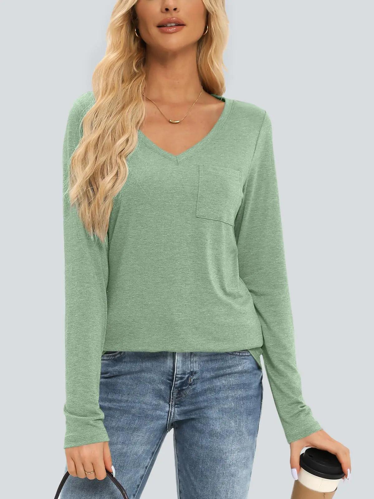 AUTOMET Womens Long Sleeve Shirts V Neck Casual Tops with Pockets Loose Dressy Basic Fall Outfits Clothes Winter Trendy 2024 Lightgreen Small - Evallys.com # #