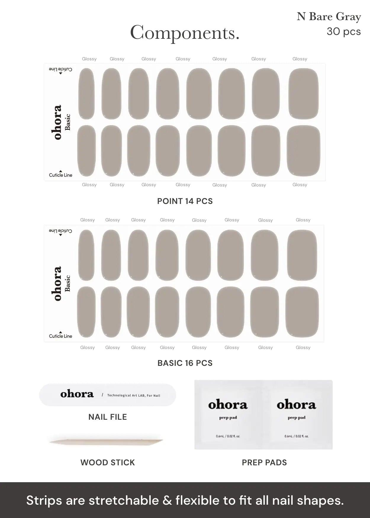 ohora Semi Cured Gel Nail Strips (N Bare Gray) - Works with Any Nail Lamps, Salon-Quality, Long Lasting, Easy to Apply & Remove - Includes 2 Prep Pads, Nail File & Wooden Stick 19. N Bare Gray - Evallys.com # #