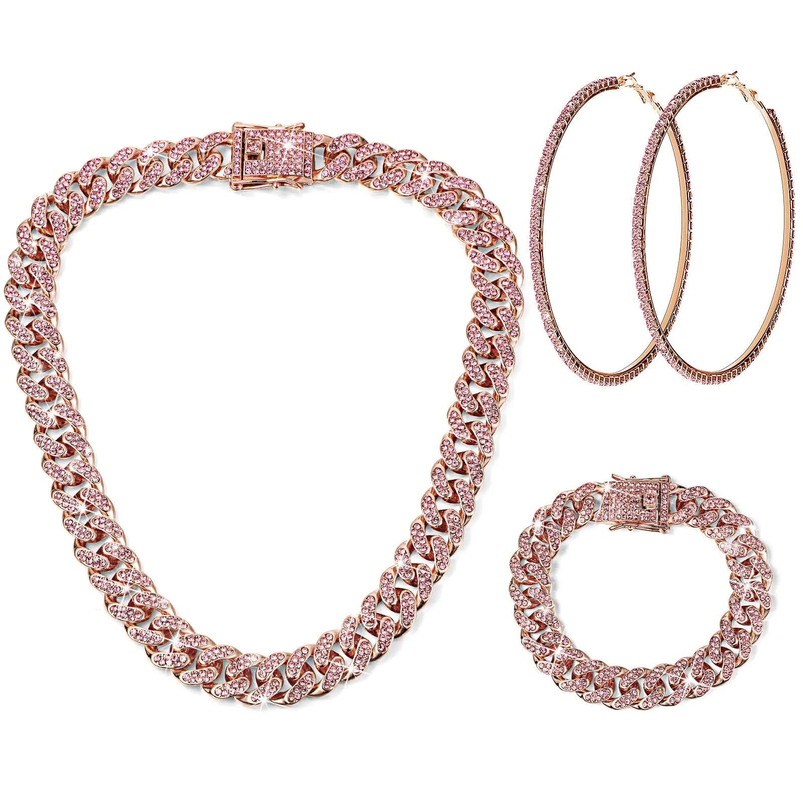 Batiyeer Cuban Link Chain Necklace Bracelet Rhinestone Earrings Bling Necklace Bracelet Crystal Big Circle Earring for Women 16 Inch Rose Gold Pink - Evallys.com # #