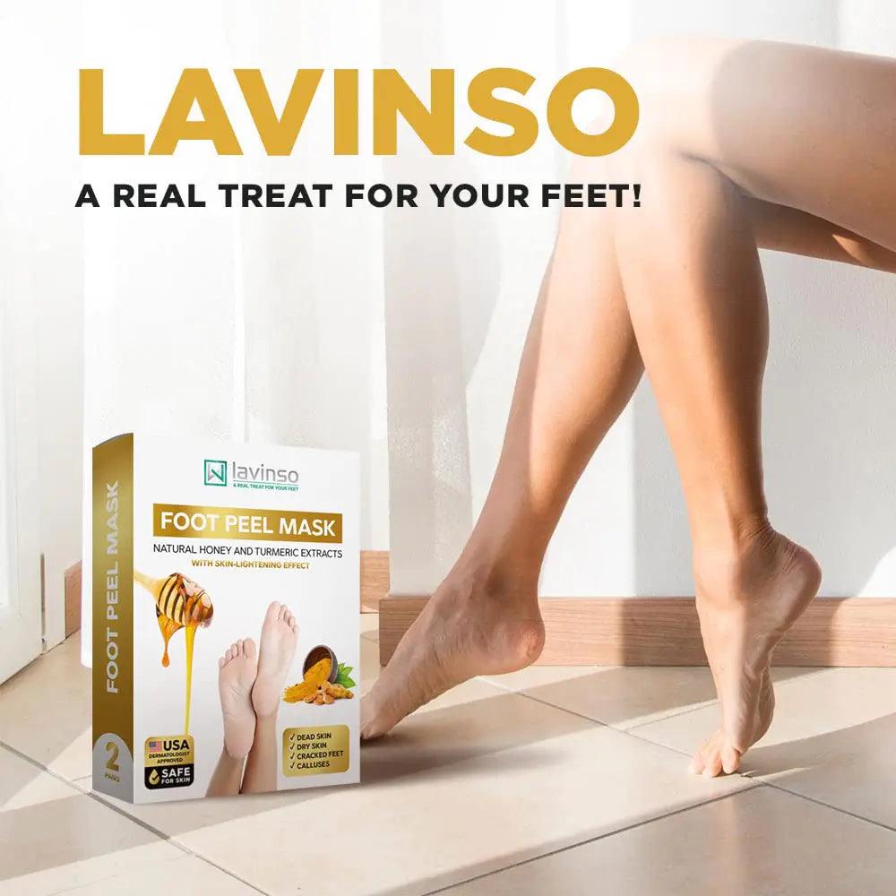 Lavinso Honey Feet Peeling Mask for Dry Cracked Feet - 4 Pack - with Kojic Acid Skin Brightening Effect - Exfoliating Dead Skin and Calluses - Foot Peel Mask for Baby Soft Feet Honey and Turmeric 1 Count (Pack of 4) - Evallys.com # #