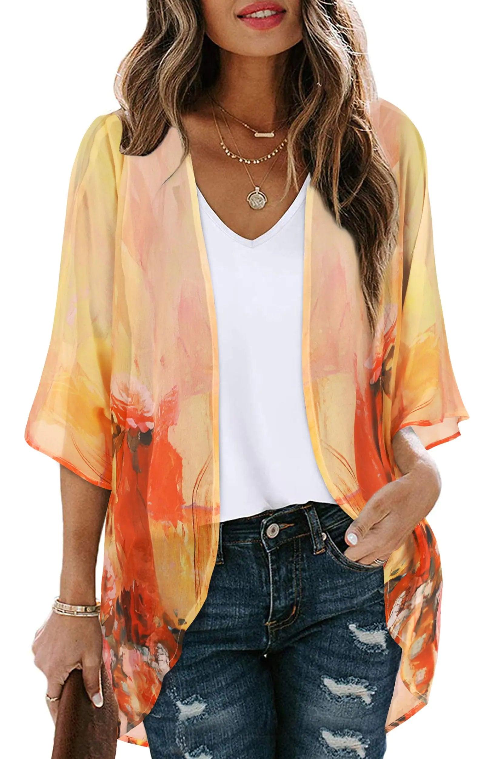 Women's Floral Print Puff Sleeve Kimono Cardigan Loose Cover Up Casual Blouse Tops Small Orange Black - Evallys.com # #