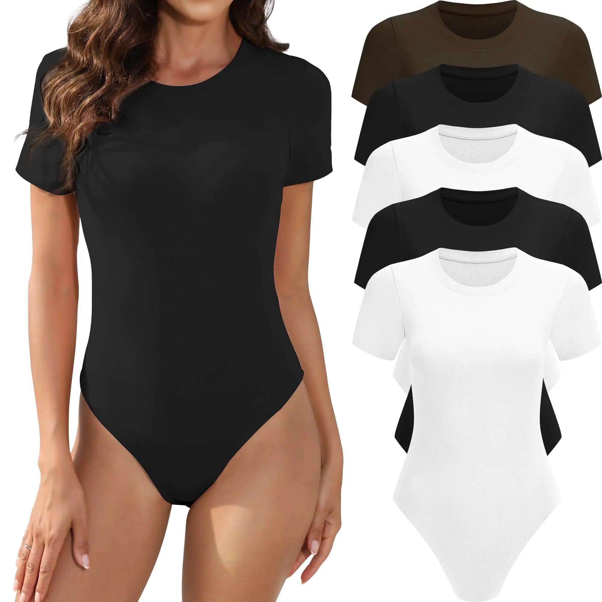 5 Pack Body Suits for Womens Short Sleeve Round Neck Casual Stretchy Basic T Shirt Bodysuit Tops 5pack：black,black,white,white,coffee XX-Large - Evallys.com # #