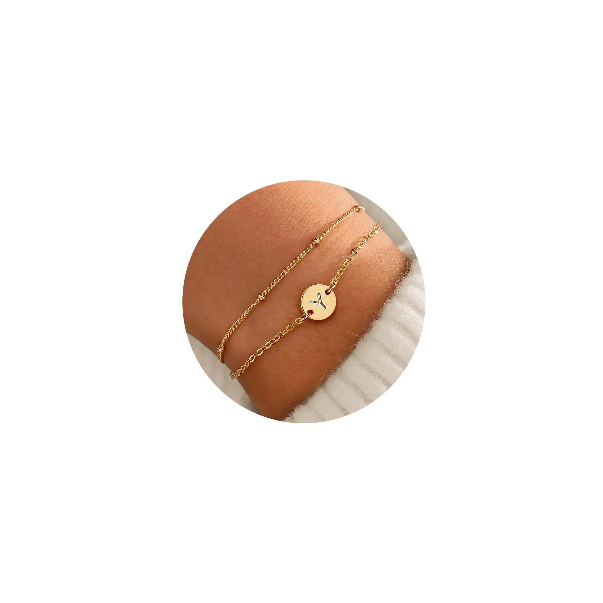 MONOZO Gold Initial Bracelets for Women Trendy - Dainty 18K Gold Plated Layered Beaded Letter Initial Bracelet Personalized Disc Monogram Bracelet Gold Bracelets for Women Jewelry Gifts Trendy Stuff Y - Evallys.com # #