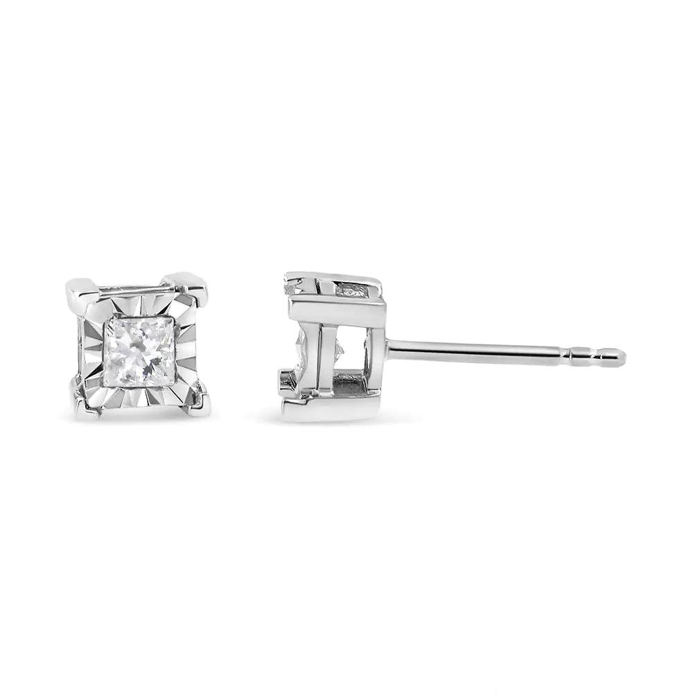 .925 Sterling Silver Miracle Set Princess-cut Diamond Solitaire Stud Earrings (H-I Color, SI2-I1 Clarity) - Evallys.com # #