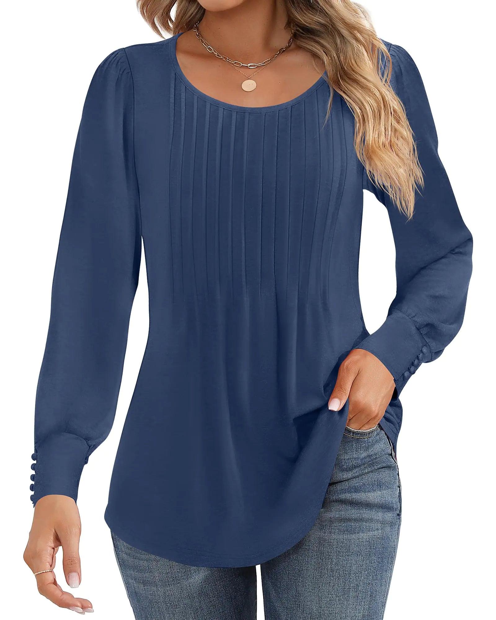 Ficerd Women's Puff Long Sleeve Tunic Tops Pleated Crew Neck Blouses Dressy Casual Loose Fit Fall and Winter Shirts Pink Floral Large - Evallys.com