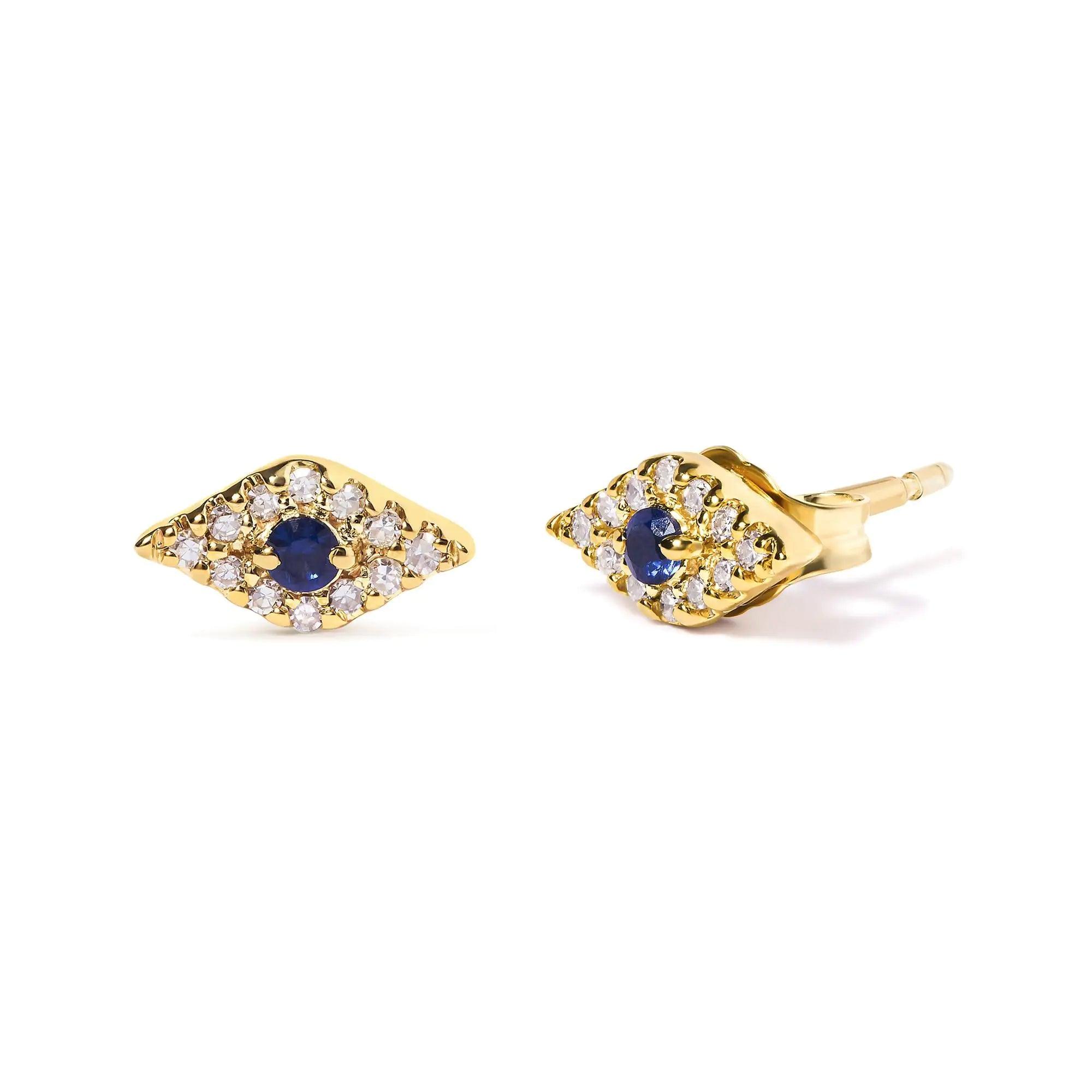 10K Yellow Gold Blue Sapphire and Diamond Accent Evil Eye Stud Earring (H-I Color, I1-I2 Clarity) - Evallys.com # #