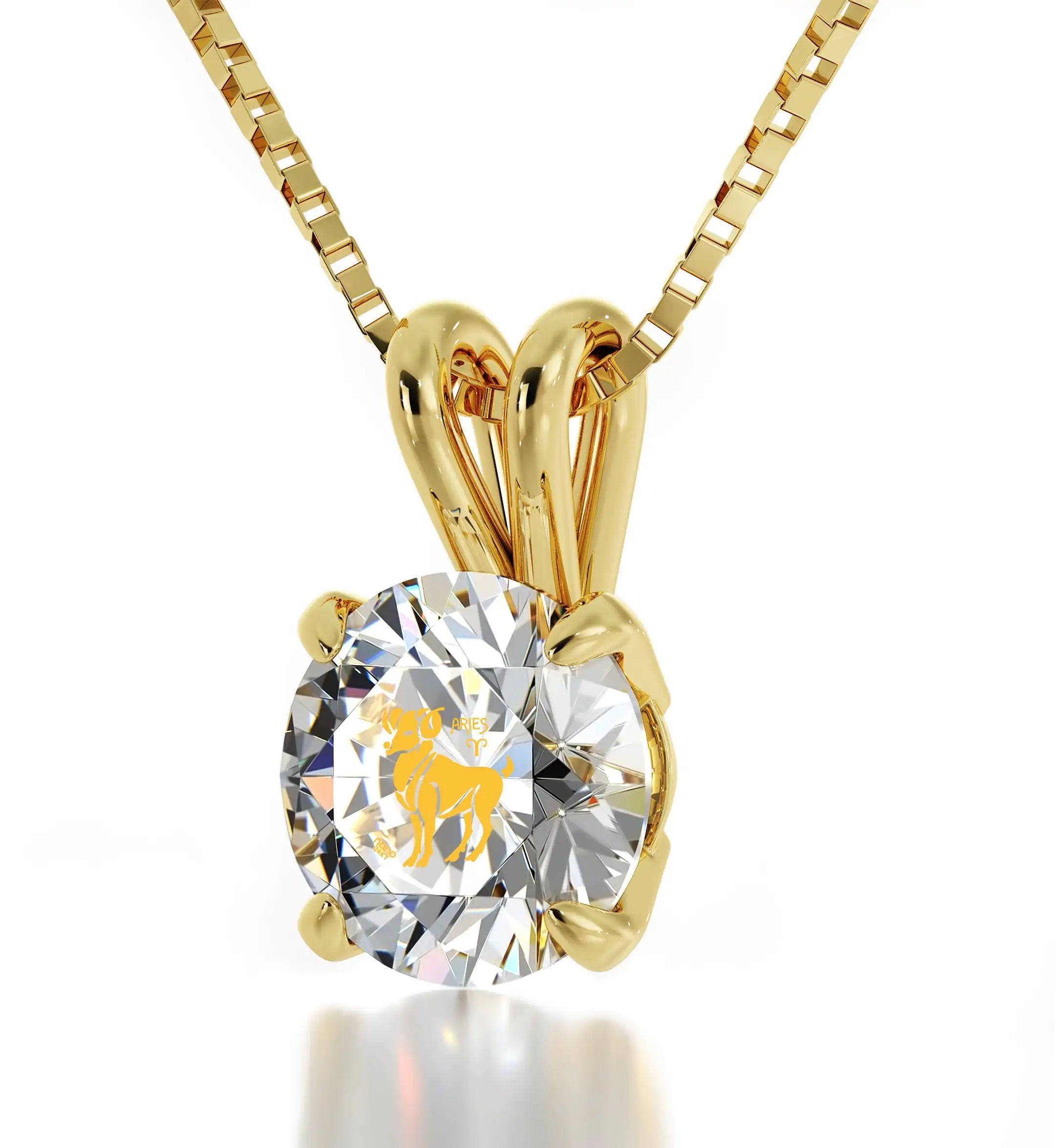 14k Yellow Gold Aries Necklace Zodiac Pendant 24k Gold inscribed on Crystal - Evallys.com # #