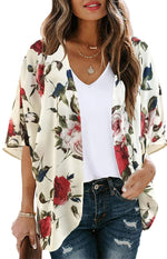 Women's Floral Print Puff Sleeve Kimono Cardigan Loose Cover Up Casual Blouse Tops Small Orange Black - Evallys.com