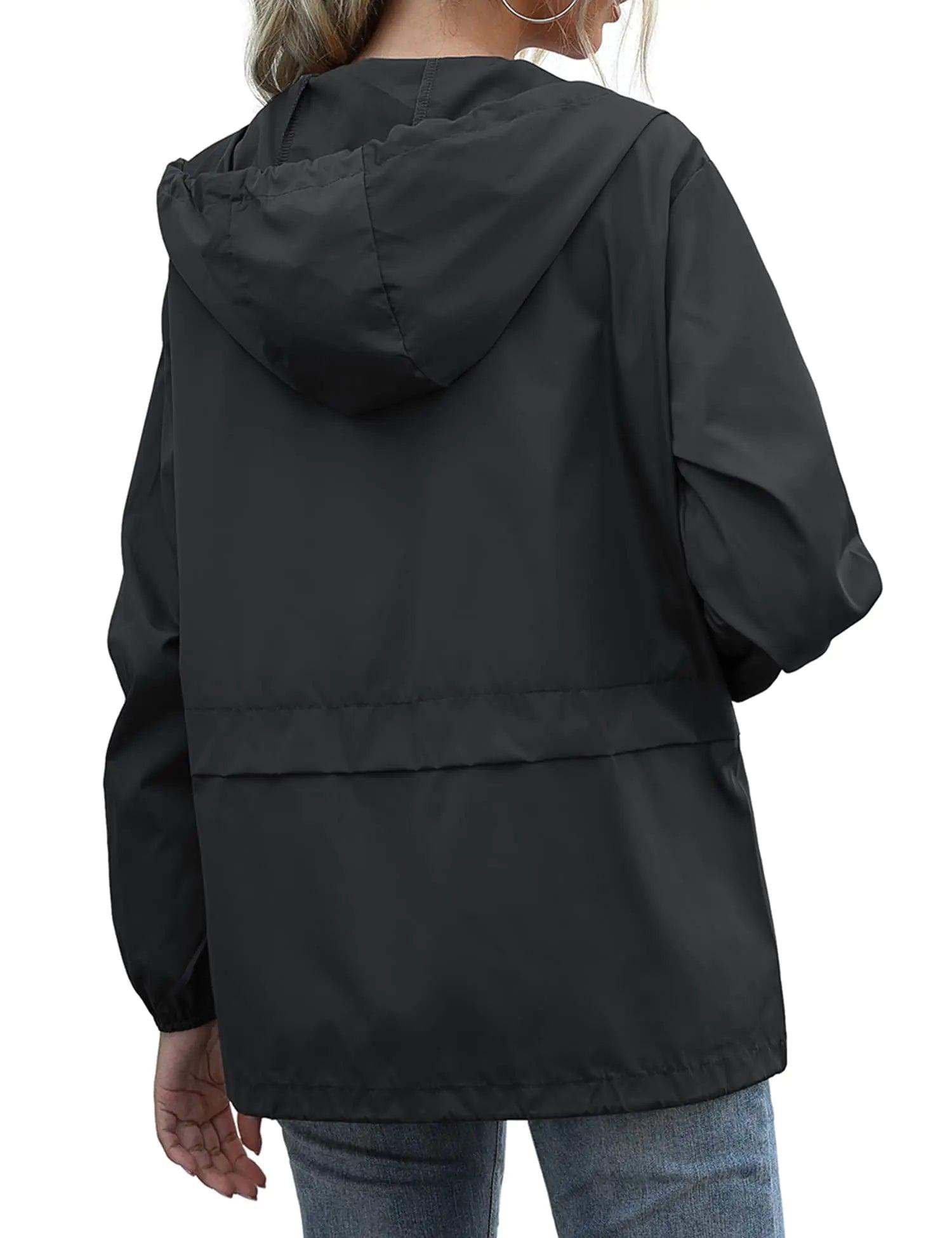 Women's Raincoats Lightweight Waterproof Windproof Adjustable Windbreaker Rain Jackets Hooded with Pockets S-XXL XX-Large Zipper Black - Evallys.com # #