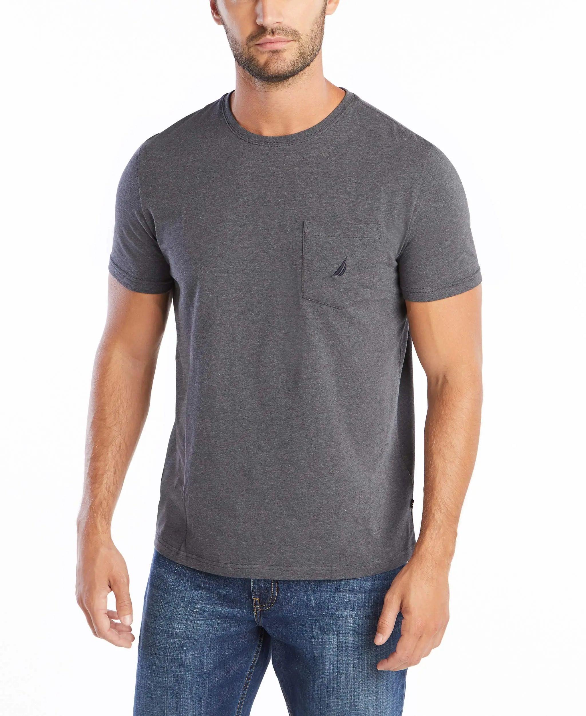 Nautica Men's Solid Crew Neck Short-Sleeve Pocket T-Shirt Large Charcoal Heather (Light) - Evallys.com # #