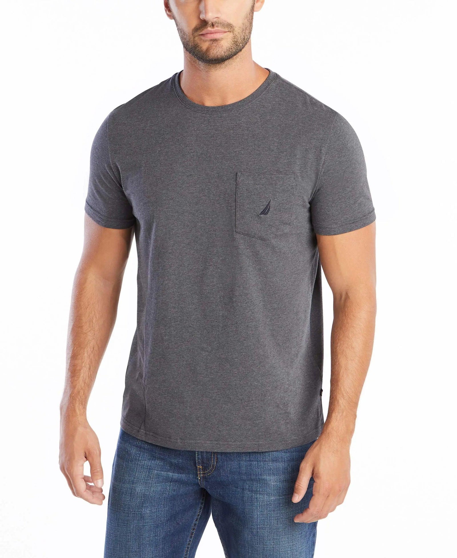 Nautica Men's Solid Crew Neck Short-Sleeve Pocket T-Shirt Large Charcoal Heather (Light) - Evallys.com # #