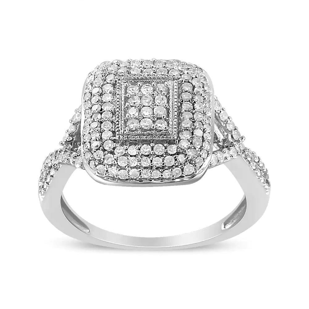 .925 Sterling Silver 1/2 Cttw Round-Cut Diamond Cluster Cushion Ring (I-J , I1-I2) - Evallys.com # #