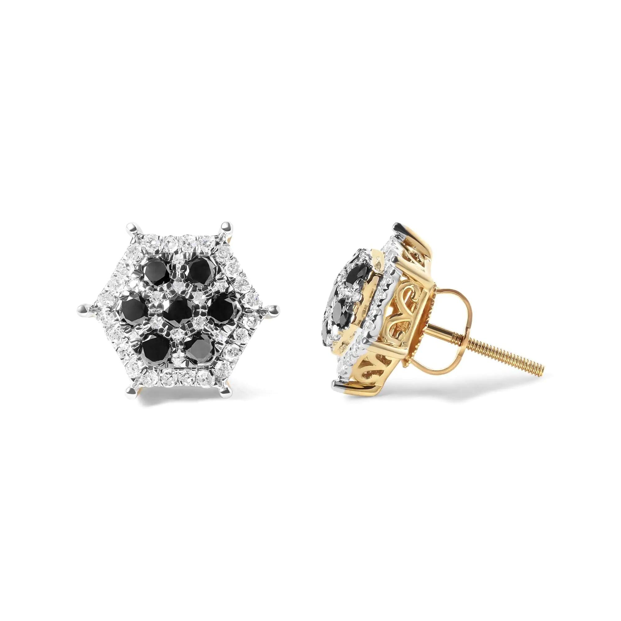 Men's 10K Yellow Gold 7/8 Cttw White and Black Treated Diamond Earring (Black / I-J Color, I2-I3 Clarity) - Evallys.com # #