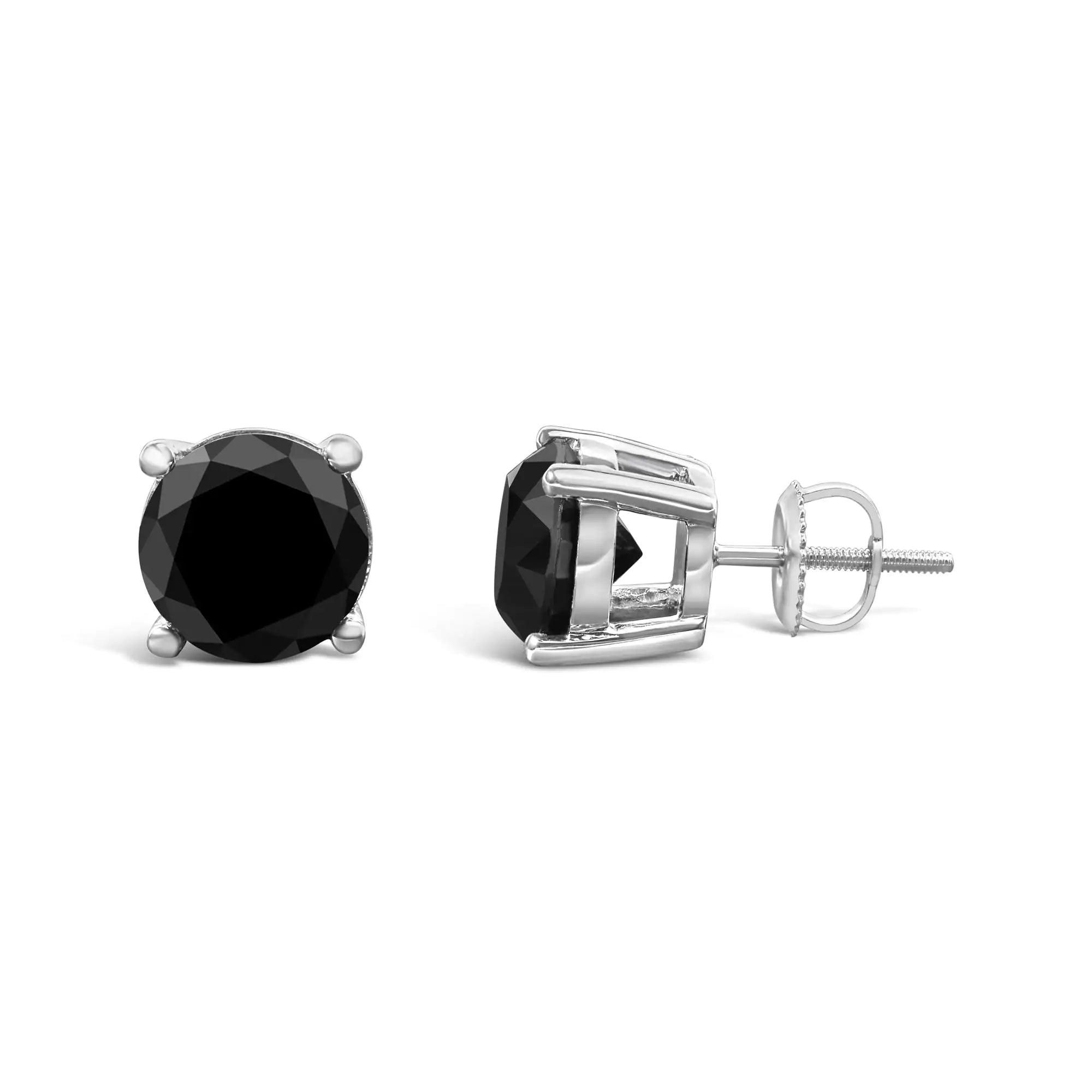 14K White Gold Round Brilliant-Cut Black Diamond Classic 4-Prong Stud Earrings with Screw Backs (Fancy Color-Enhanced, I2-I3 Clarity) - Evallys.com # #