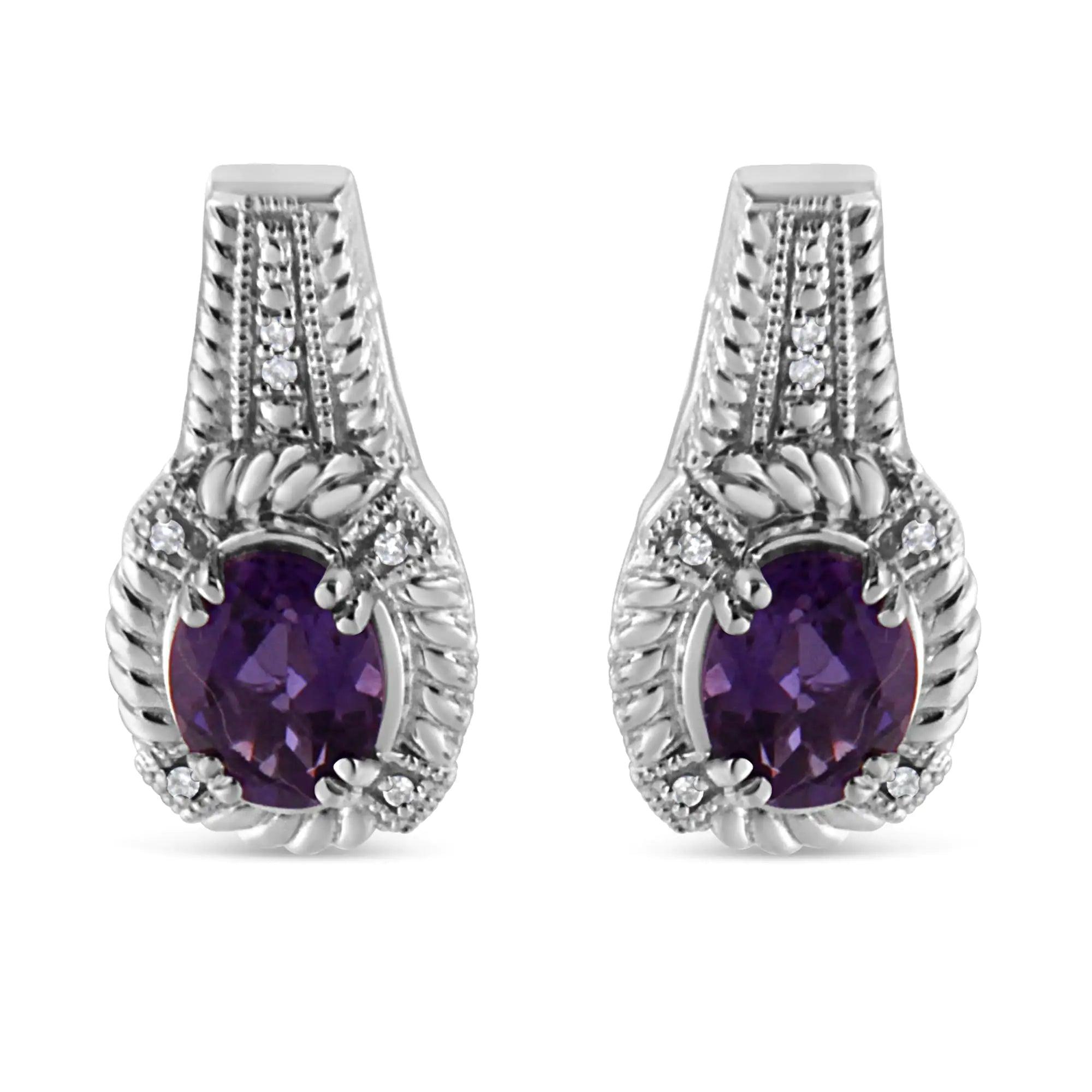 .925 Sterling Silver 8x6 MM Natural Oval Purple Amethyst Gemstone and Diamond Accent Art Deco Style Drop and Dangle Earrings (I-J Color, I1-I2 Clarity) - Evallys.com # #