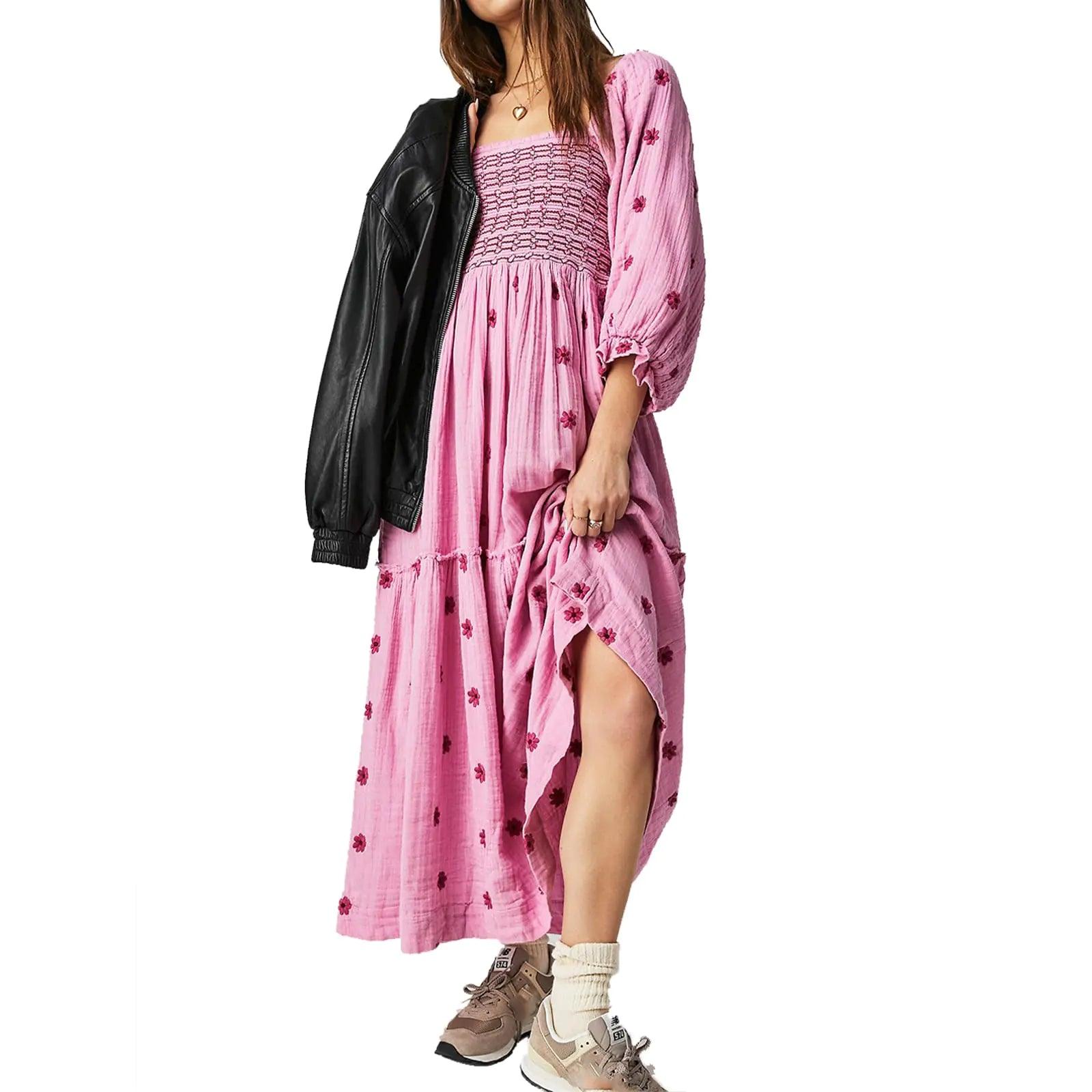 Women Floral Embroidered Maxi Dress Long Puff Sleeve Square Neck Bohemian Flowy Dress with Pockets Smocked Fall Dress Large Pink - Evallys.com # #