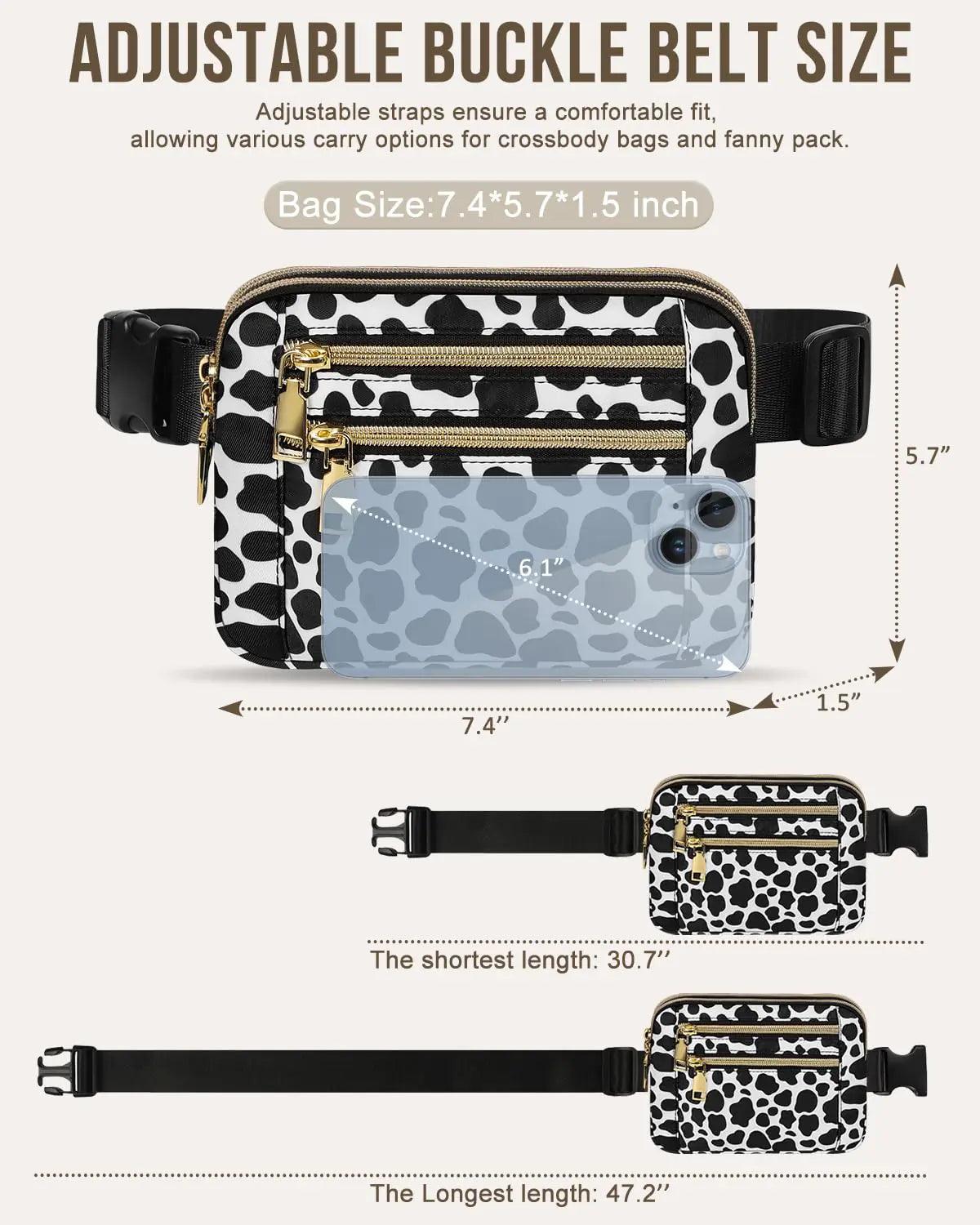 Capolo Fanny Packs for Women Fashion Waist Packs Bag with Adjustable Strap and 4 Zipper Pockets Waterproof Everywhere Crossbody Belt Bag for Workout Running Travelling(Cow Print) Medium Cow Print - Evallys.com # #