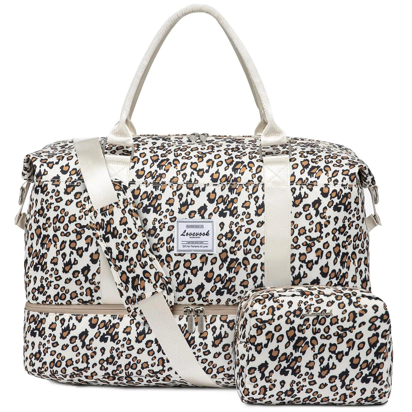 LOVEVOOK Travel Duffle Bag,Weekender Bags for Women with Shoe Compartment，Carry on Overnight Bag with Toiletry Bag,Gym Duffel Bag with Wet Pocket, Hospital Bags for Labor and Delivery Large-2 Pcs Leopard print-b - Evallys.com # #