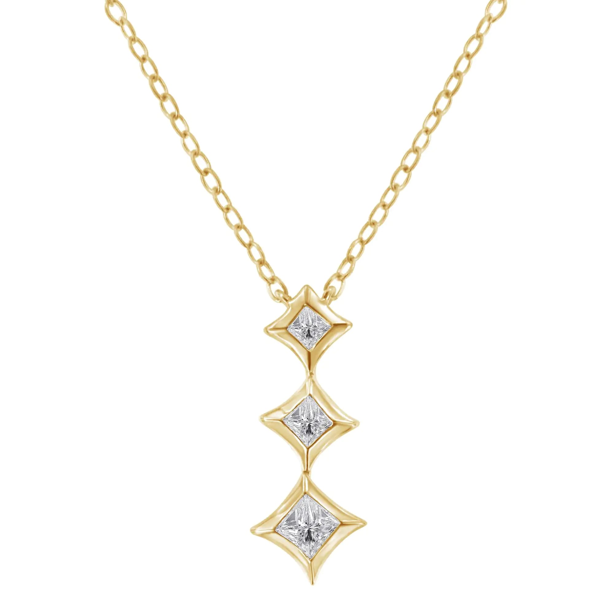 10K Gold 1/5 Cttw Princess Cut Diamond 3 Stone Drop 18" Pendant Necklace (H-I Color, SI2-I1 Clarity) - Evallys.com # #