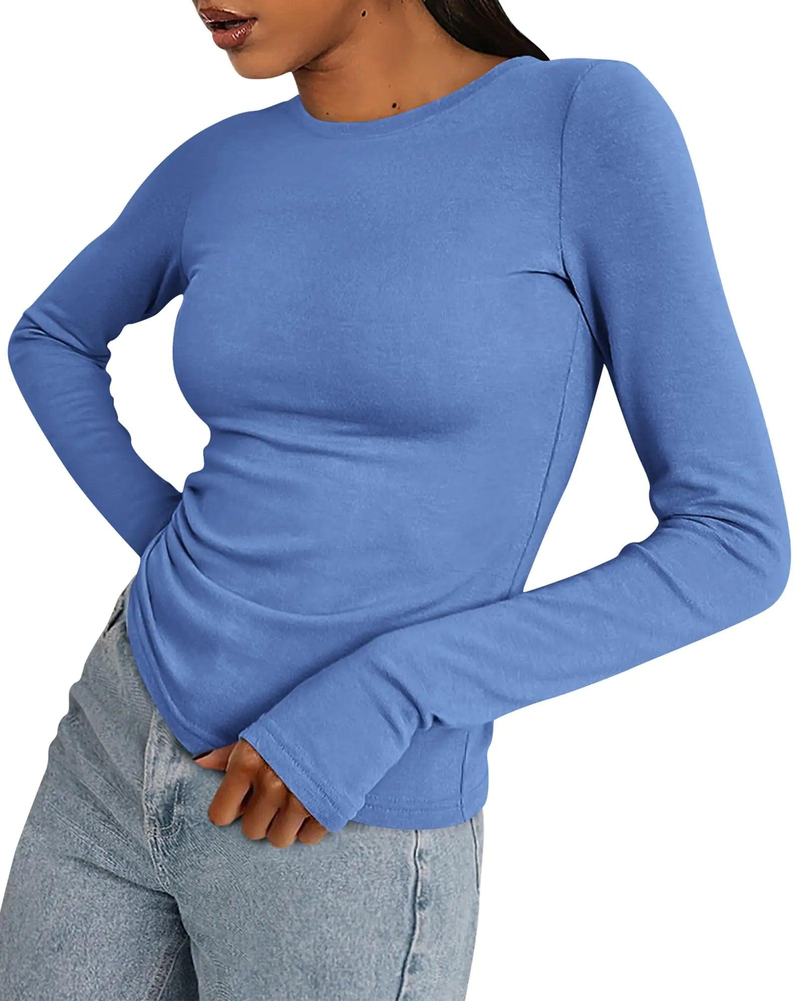 BTFBM Women's Casual Tops Fall Winter 2024 Long Sleeve Crew Neck Workout Stretchy Slim Fit Basic Y2K Going Out Shirt Small Solid Blue - Evallys.com # #