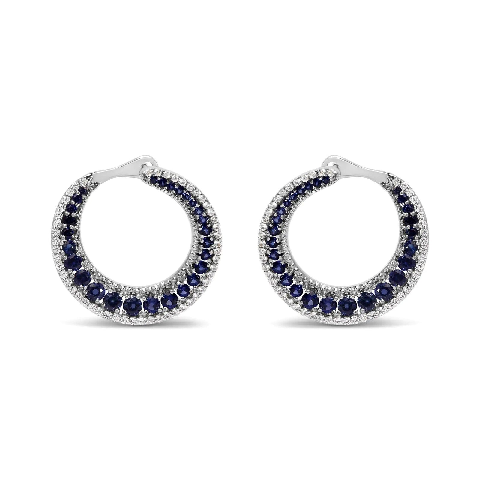 .925 Sterling Silver 2 3/4 Cttw Created Blue Sapphire Crescent Moon Disc Style Hoop Earrings - AAA Quality - Evallys.com # #