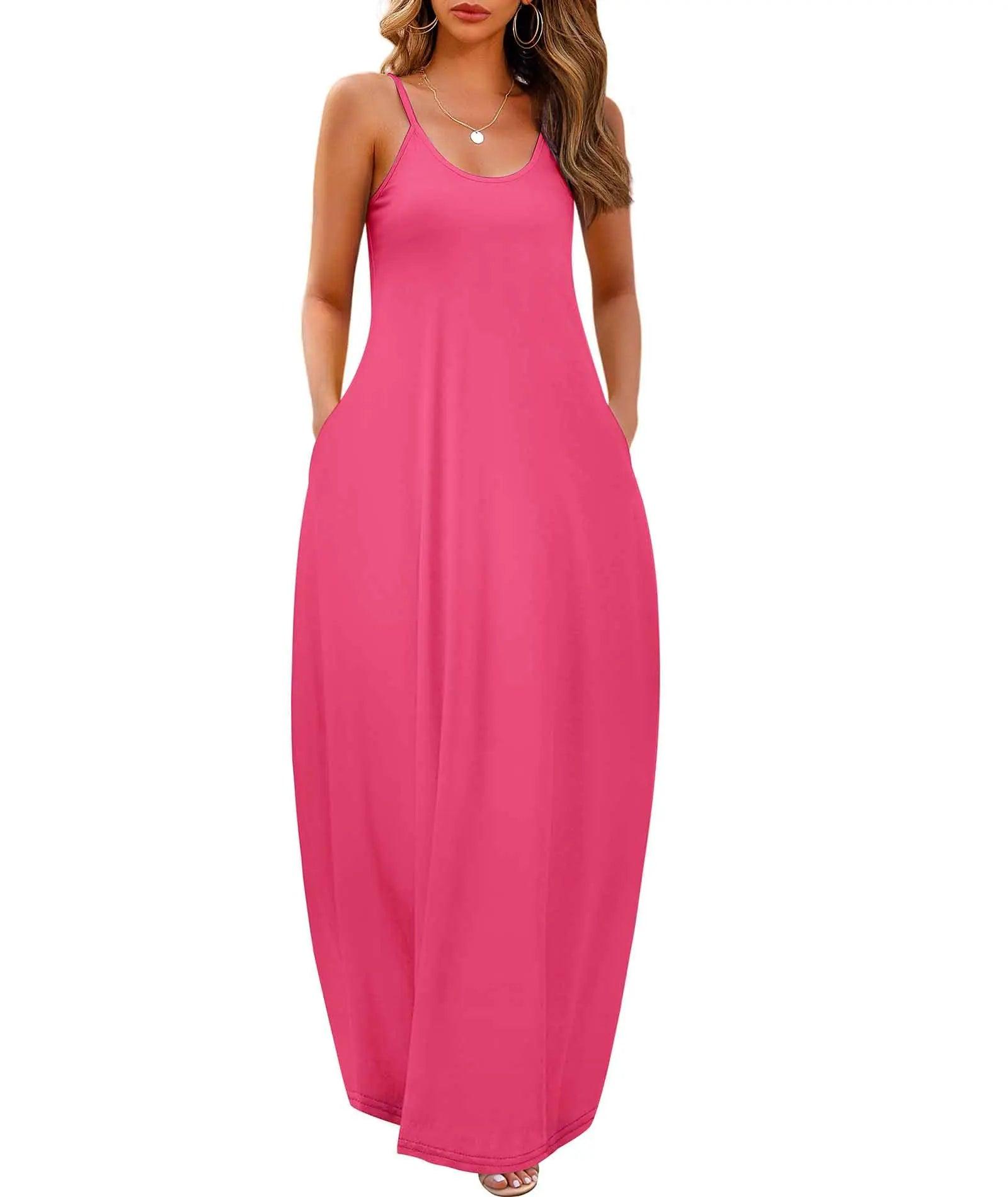 Wolddress Womens 2024 Casual Sleeveless Sundress Plus Size Loose Plain Long Summer Beach Maxi Dress with Pockets S-5X Large Gradient-babyblue Pink - Evallys.com