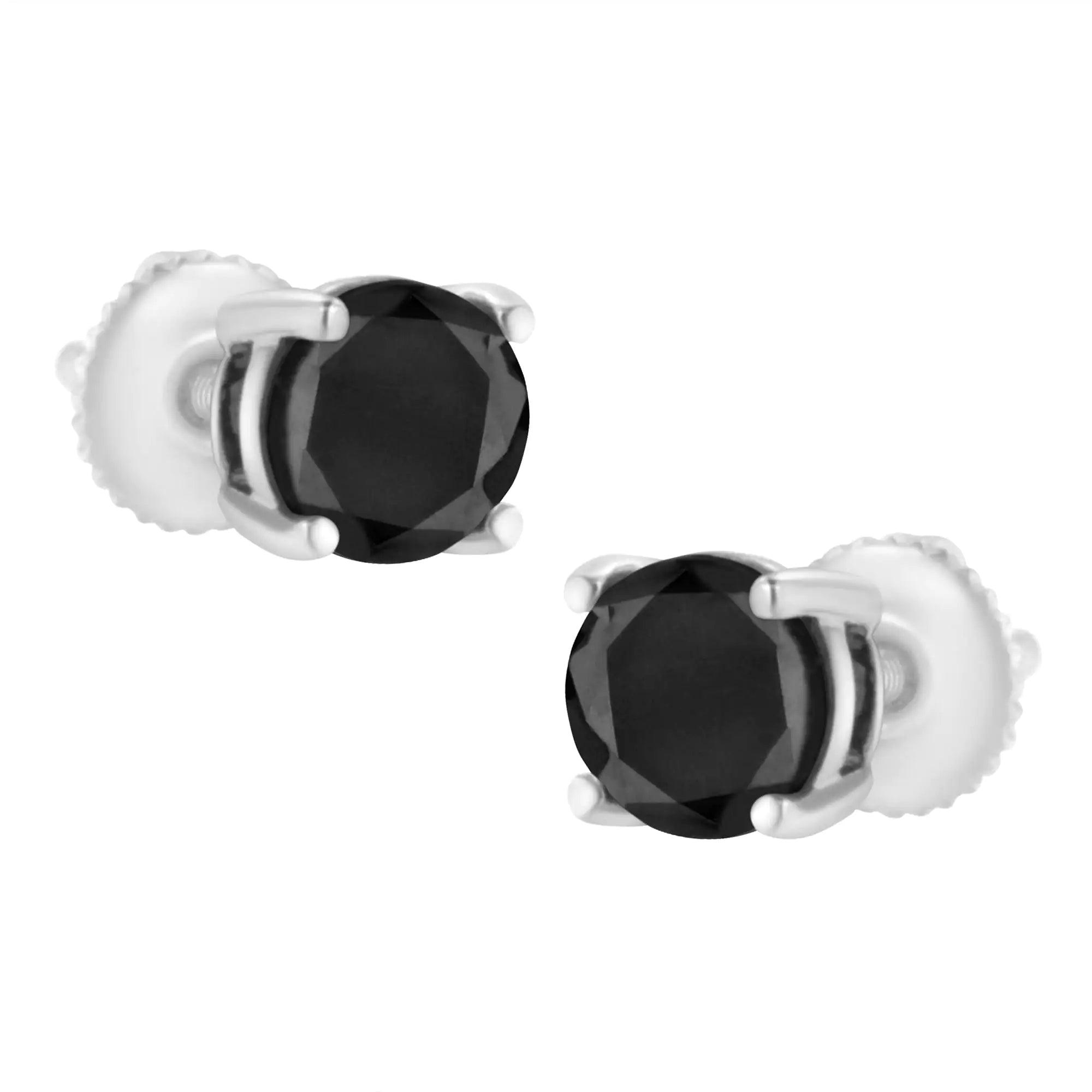 14K White Gold Round Brilliant-Cut Black Diamond Classic 4-Prong Stud Earrings with Screw Backs (Fancy Color-Enhanced, I2-I3 Clarity) - Evallys.com # #