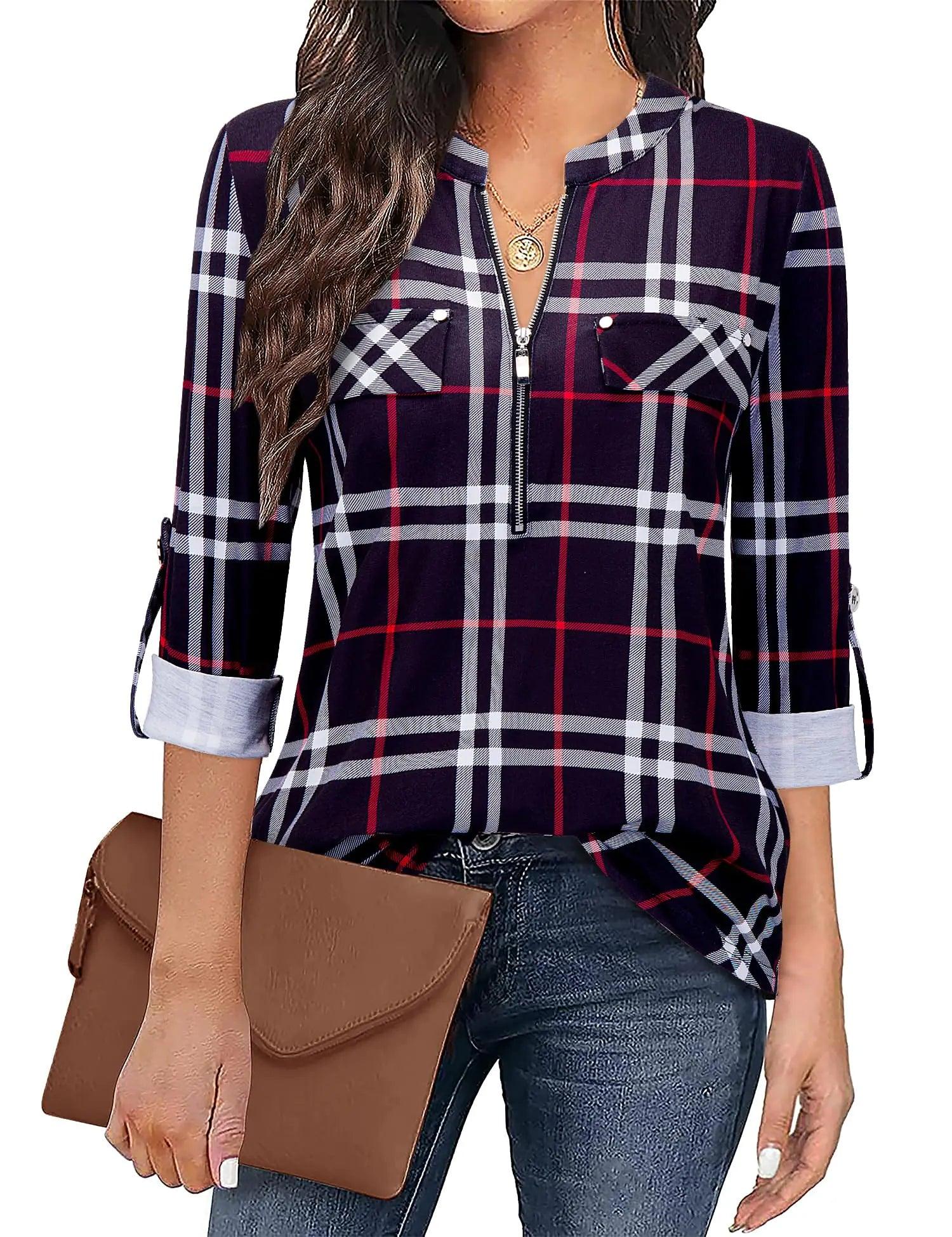 Bulotus Women's Zip Front V-Neck 3/4 Sleeve Tunic Casual Top Black Plaid Small - Evallys.com # #