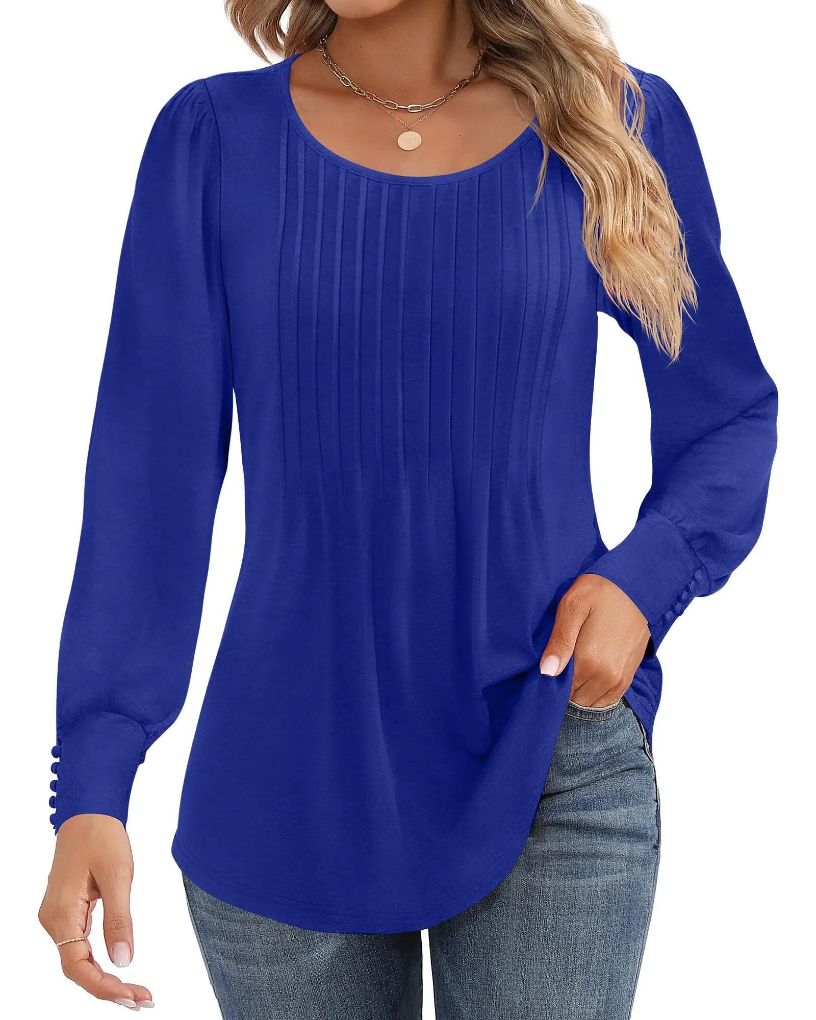 Ficerd Women's Puff Long Sleeve Tunic Tops Pleated Crew Neck Blouses Dressy Casual Loose Fit Fall and Winter Shirts Pink Floral Large - Evallys.com