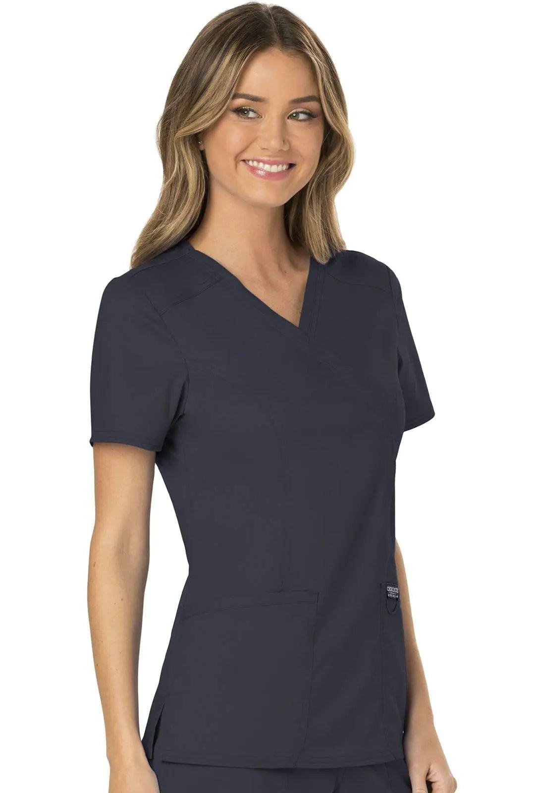 Cherokee Scrubs for Women Mock Wrap Top with 3 Pocket, Back Princess Seams WW610 X-Large Pewter - Evallys.com # #