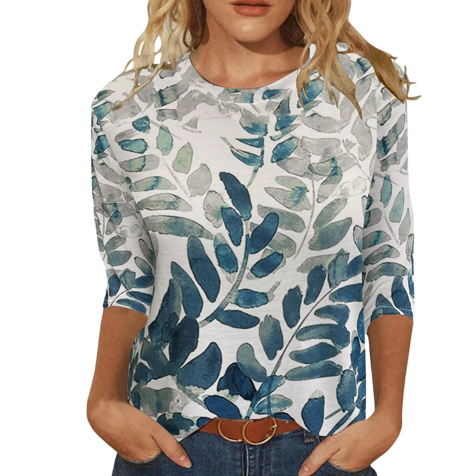 Womens Tops 3/4 Sleeve Shirts Round Neck Loose Casual Blouses Floral Print Tshirts X-Large White Blue Leaf - Evallys.com # #