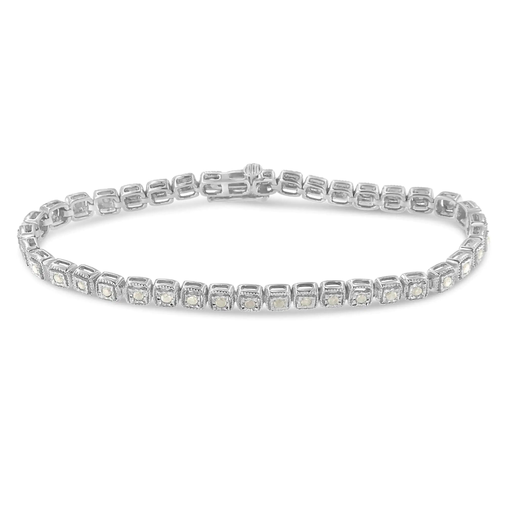 .925 Sterling Silver 1.0 Cttw Diamond Miracle-Set Square Milgrain 7" Link Tennis Bracelet (I-J Color, I3 Clarity) - Evallys.com # #