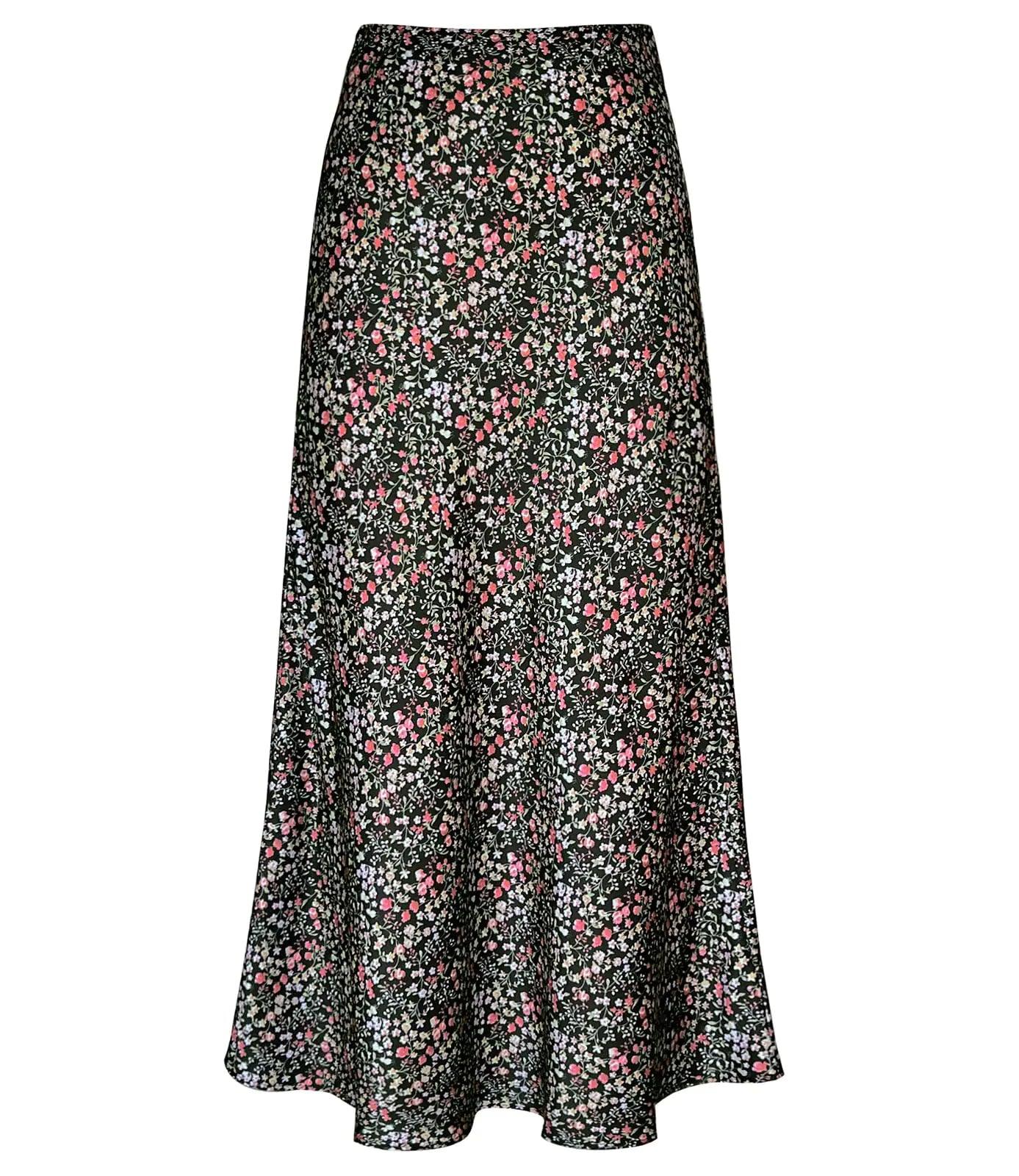 Women's Satin High Waisted Maxi Skirts Hidden Elasticized Waistband A Line Long Skirt Medium Black Flower - Evallys.com # #