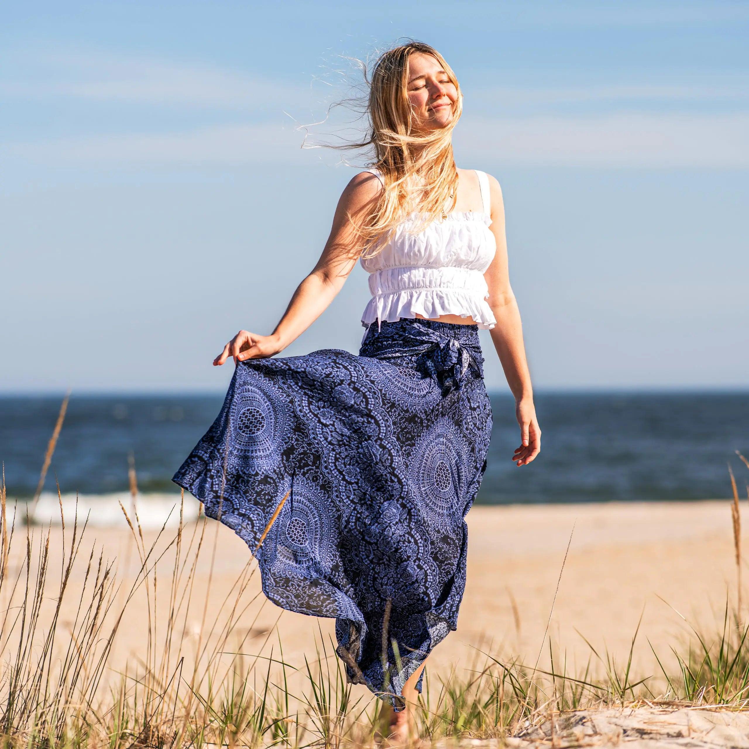 Long Skirts for Women Maxi Boho Skirt Floral Print Blossom Navy 20-24 Plus - Evallys.com