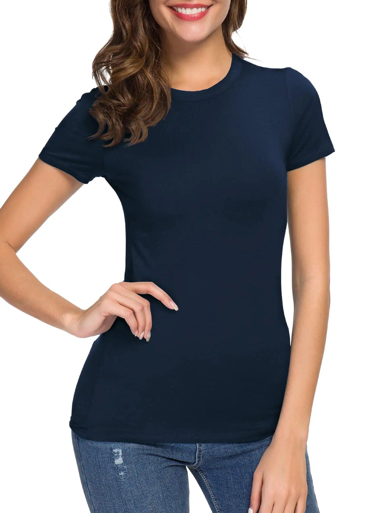 Women's Crewneck Slim Fitted Short Sleeve T-Shirt Stretchy Bodycon Basic Tee Tops X-Large Navy Blue - Evallys.com # #