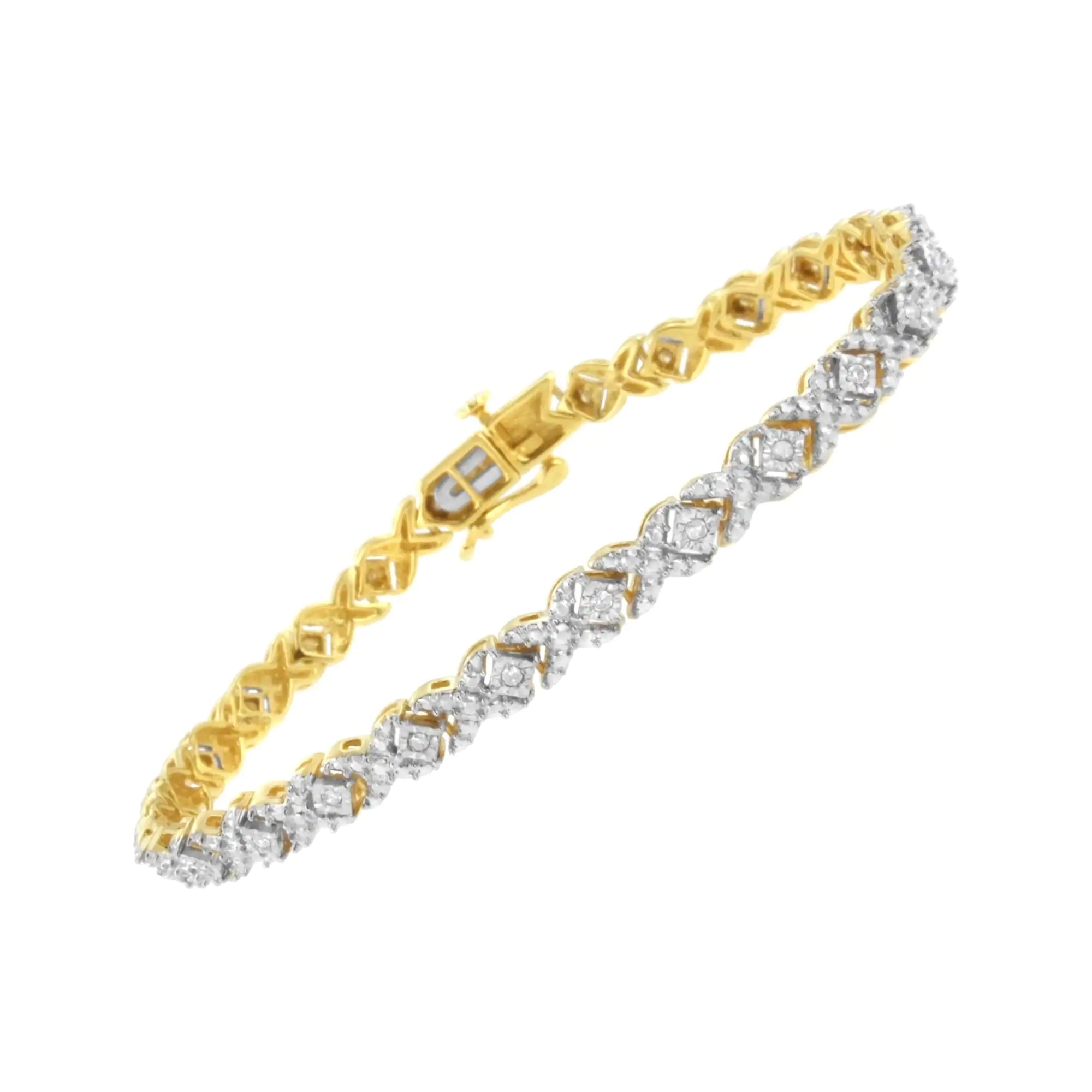 10K Yellow Gold Plated .925 Sterling Silver 1/4 cttw Diamond Alternating "X" and Bezel Link Bracelet (I-J Color, I2-I3 Clarity) - Size 7.25 " - Evallys.com # #