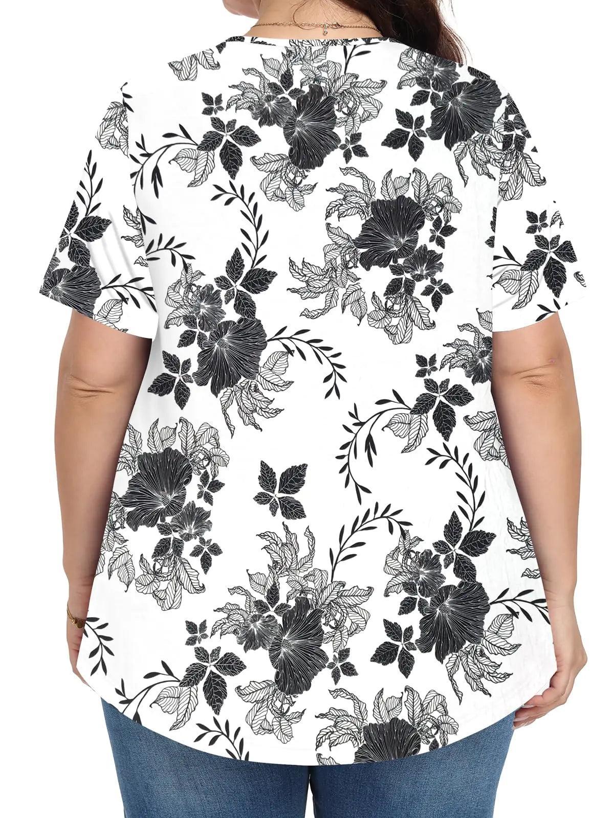 Womens Plus Size Tops Summer Blouses Tunic Short Sleeve Dressy Casual Loose Shirts 1X-5X White Ink Flower X-Large - Evallys.com # #