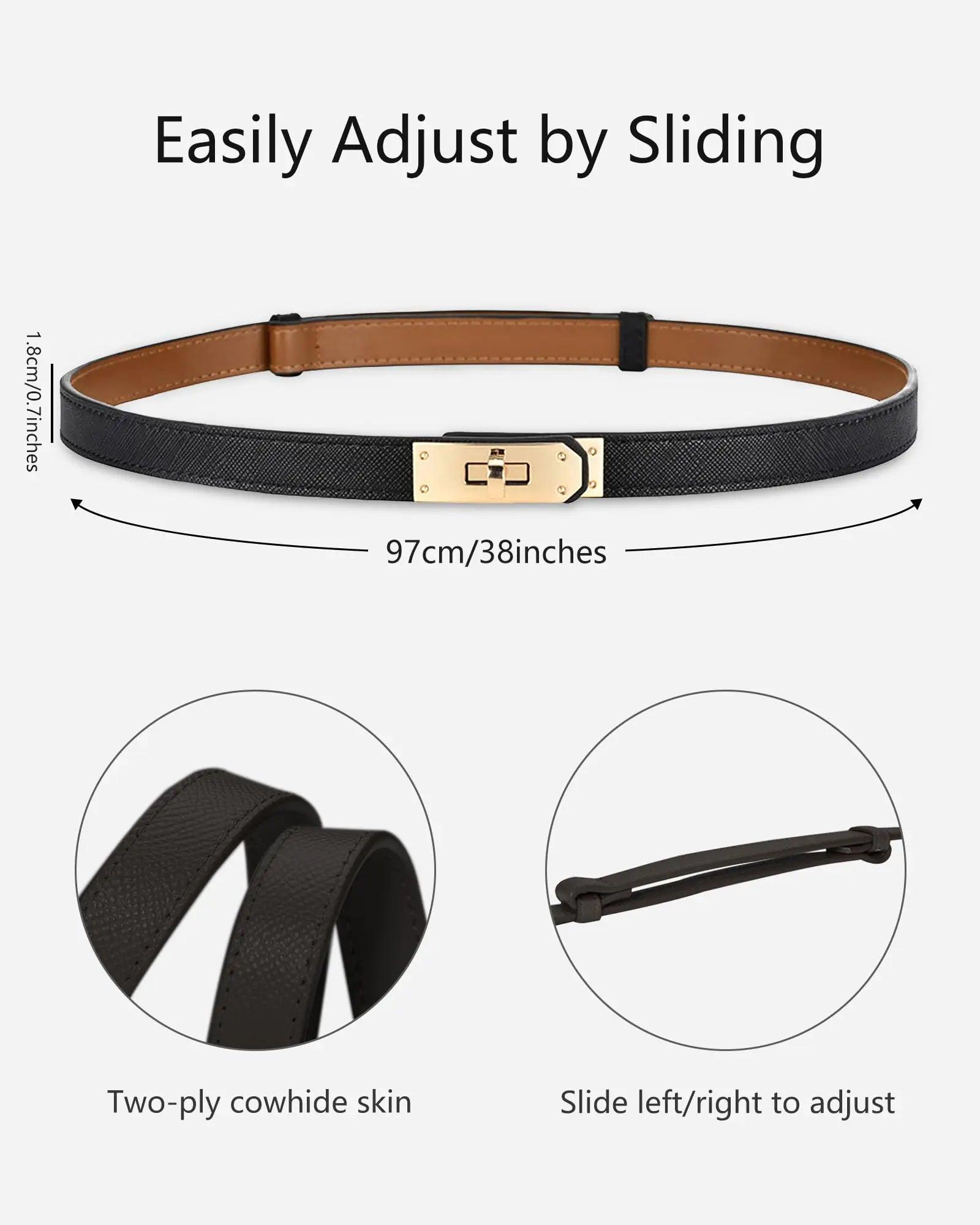 Women's Skinny Leather Belt with Adjustable Silver Turn-Lock Buckle - Ideal for Dresses, Jeans, and Coats, Black White / Gold - Evallys.com # #