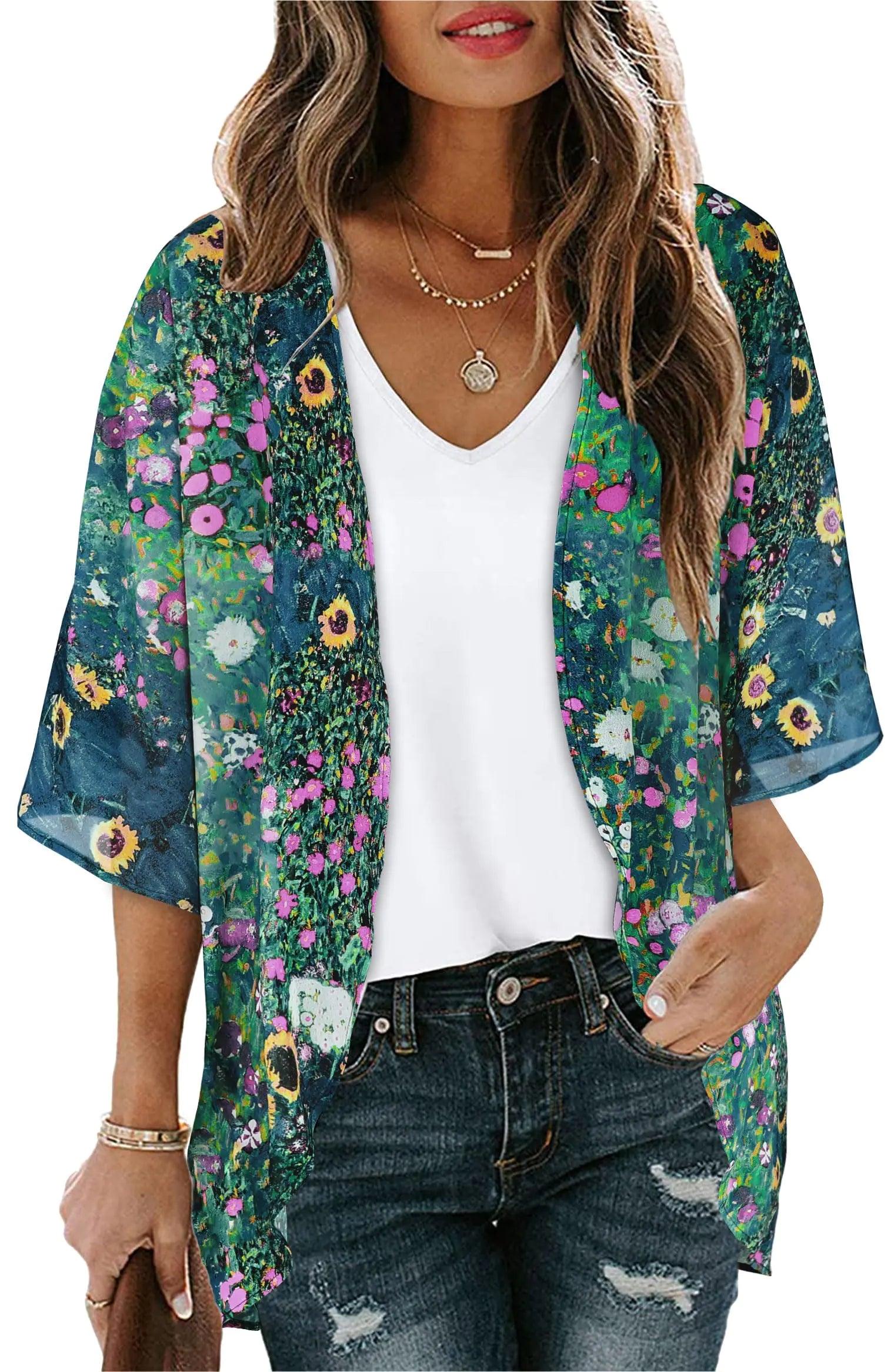 Women's Floral Print Puff Sleeve Kimono Cardigan Loose Cover Up Casual Blouse Tops Small Orange Black - Evallys.com