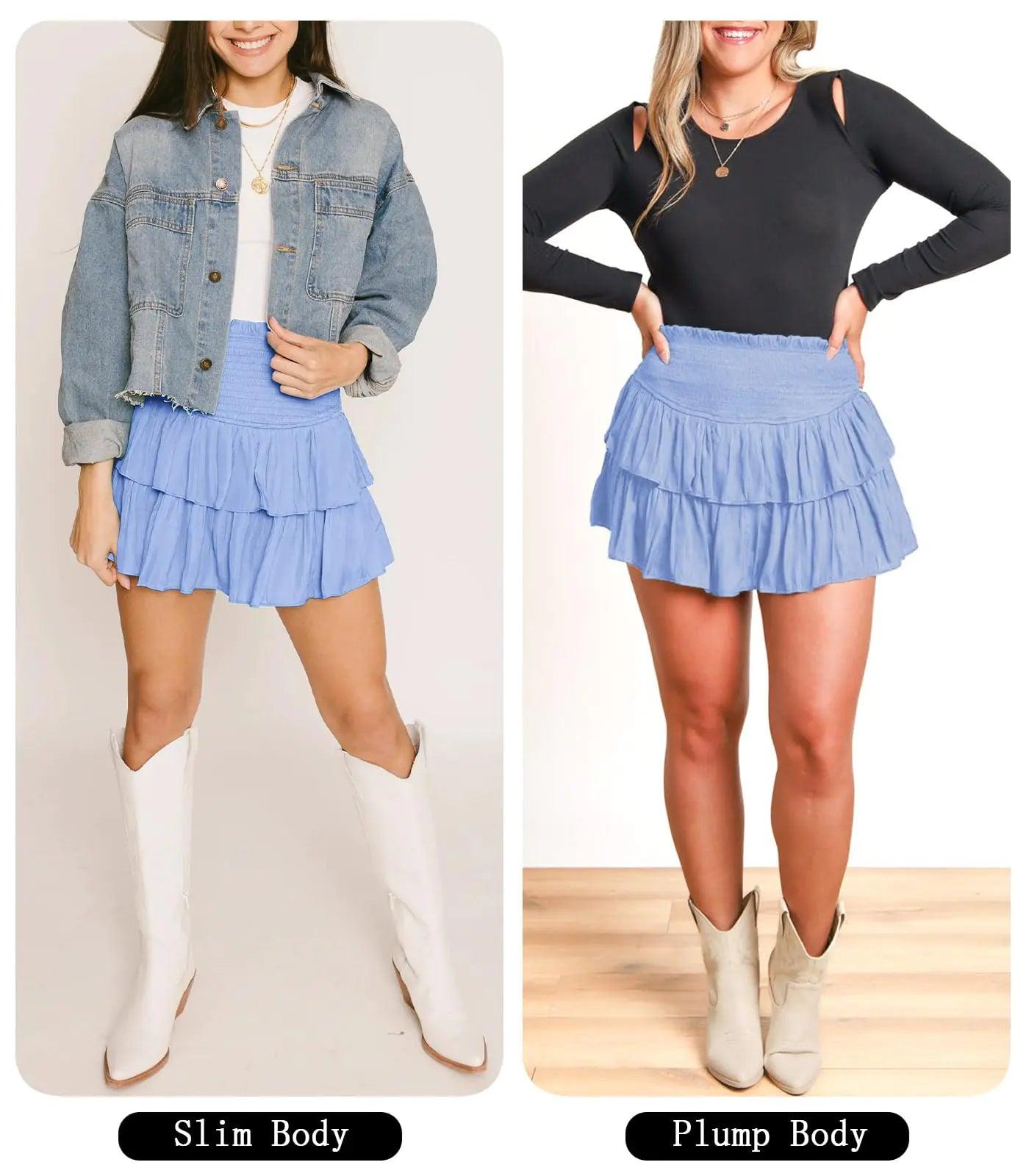 Women's Cute High Waist Ruffle Mini Skirt Layered Ruffle Hem Flared Flowy Casual Swing Beach Mini Short Skirt X-Small Light Blue - Evallys.com # #