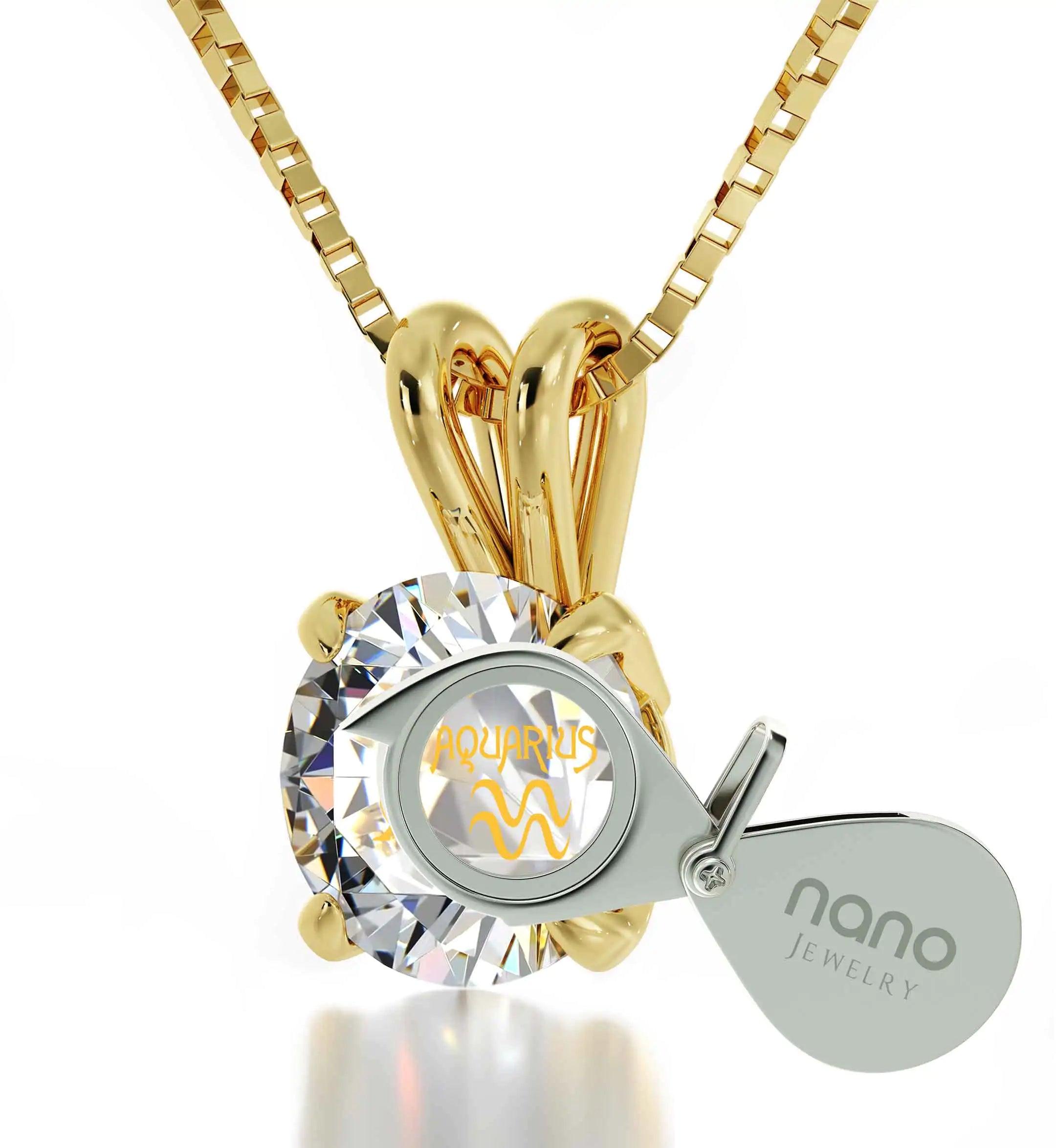 14k Yellow Gold Aquarius Necklace Zodiac Pendant 24k Gold inscribed on Crystal - Evallys.com # #