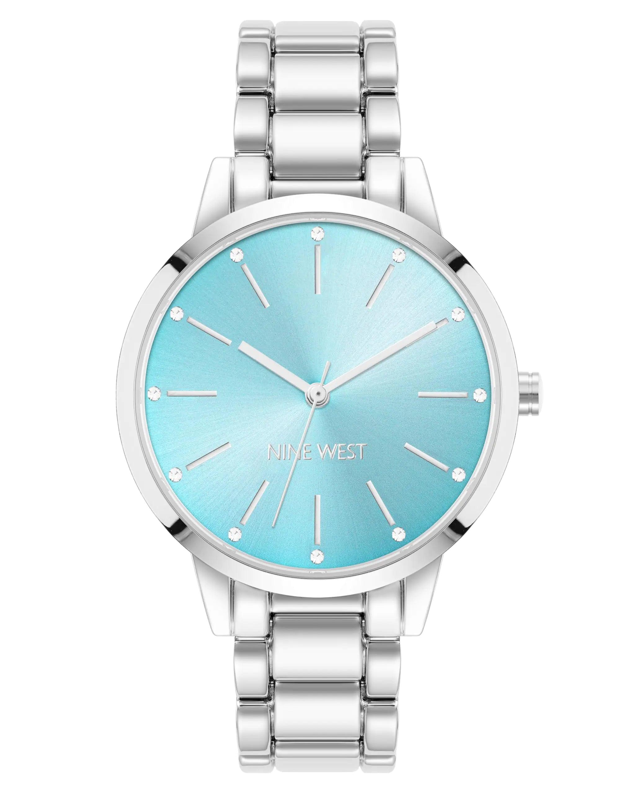 Nine West Women's Crystal Accented Bracelet Watch Silver/Teal - Evallys.com # #